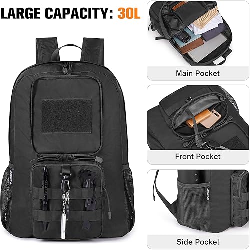 Miniatura 3 de G4Free Mochila ligera plegable de 30L para viajes de senderismo, mochila plegable resistente al agua para hombres y mujeres, Negro -, 30 L