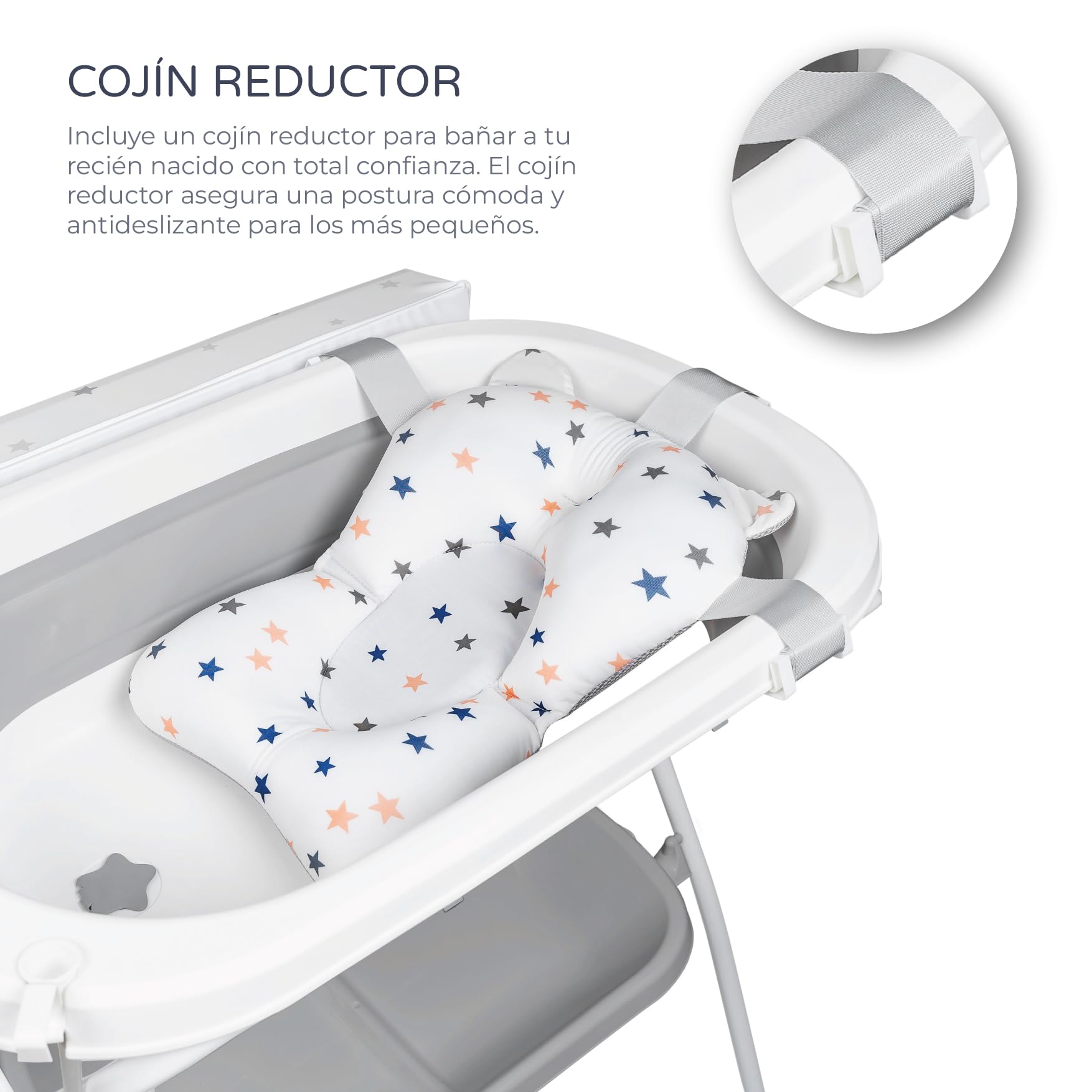 Ms BabyWorld ZOE - Bañera Bebe con Patas, Cambiador, Cojín Reductor y Cesta Portaobjetos - Comoda, Facil de Guardar, con Tapón y Patas Antideslizantes - Bañera Bebé Plegable y Portatil (Gris)