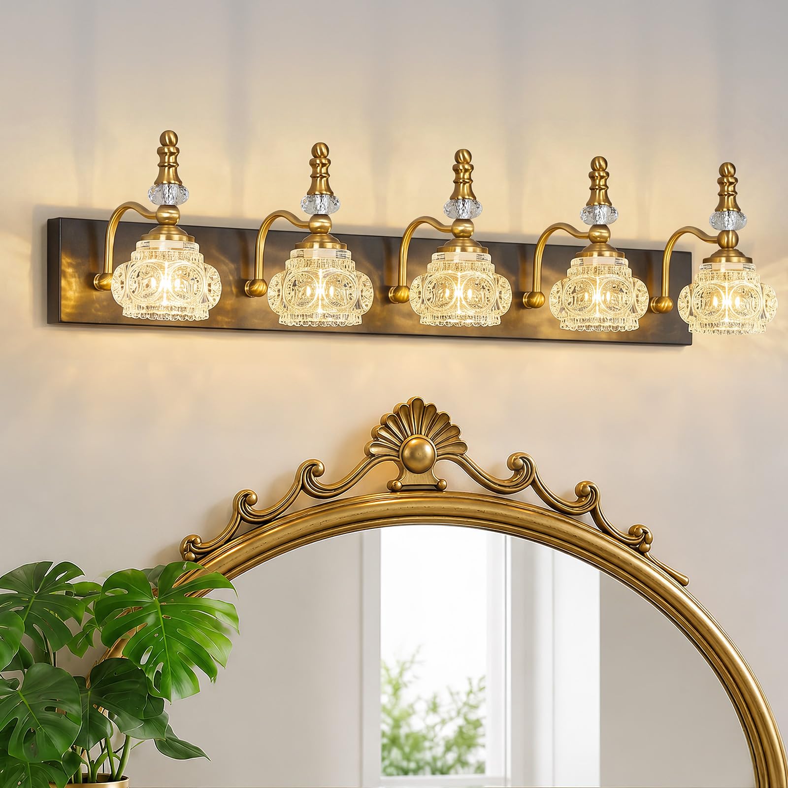 Photo 1 of LBSQJ Modern Glass Crystal Vanity Light - Vintage Bathroom Lighting Fixtures Over Mirror, 5 Light Vanity Lights G9 Bulb (35.43 Inch, Black Gold)