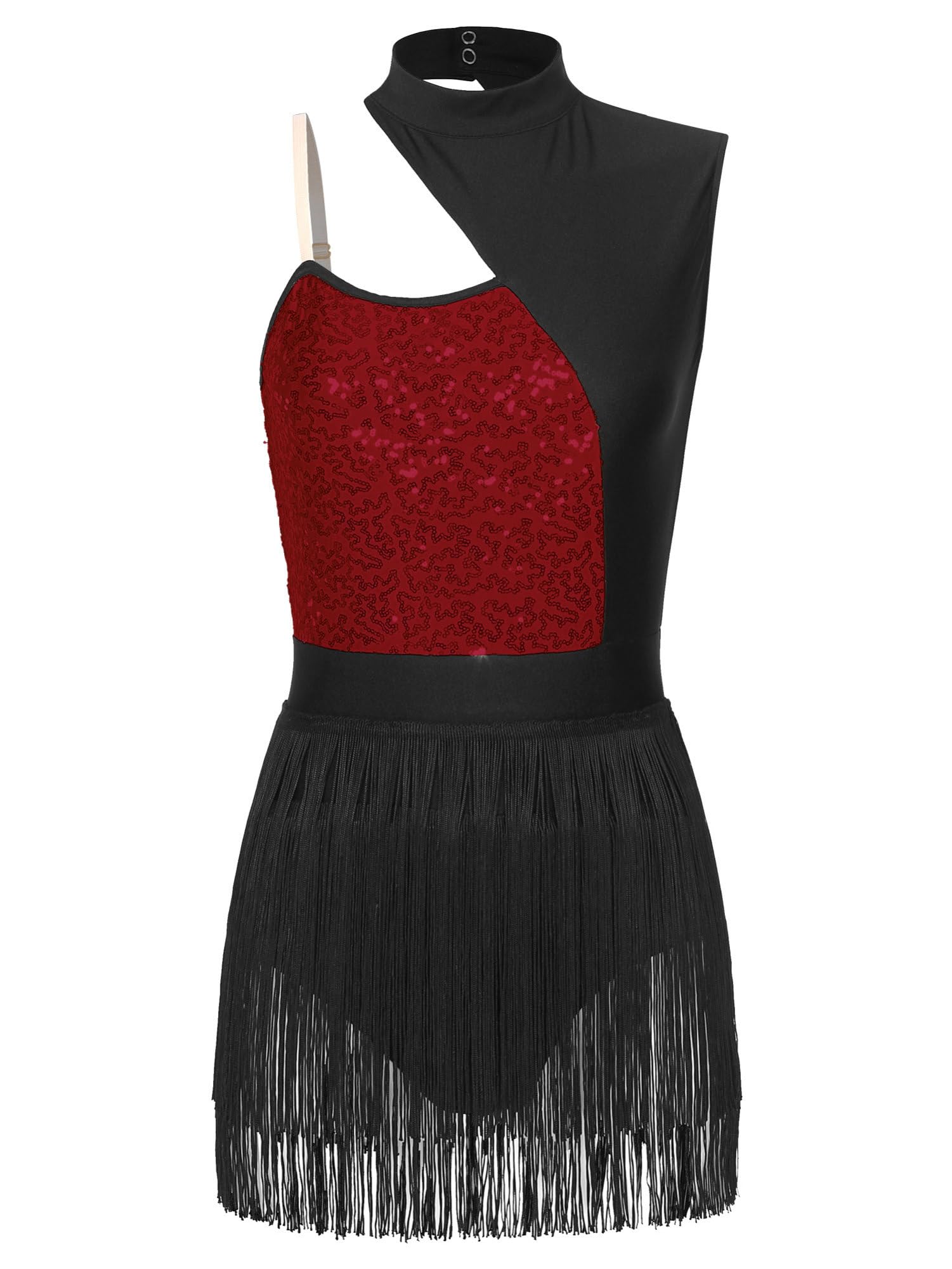 IEFIEL Vestido de Danza Lentejuelas con Flecos sin Manga para Mujer Maillot de Baile Latino Tango S-XXL