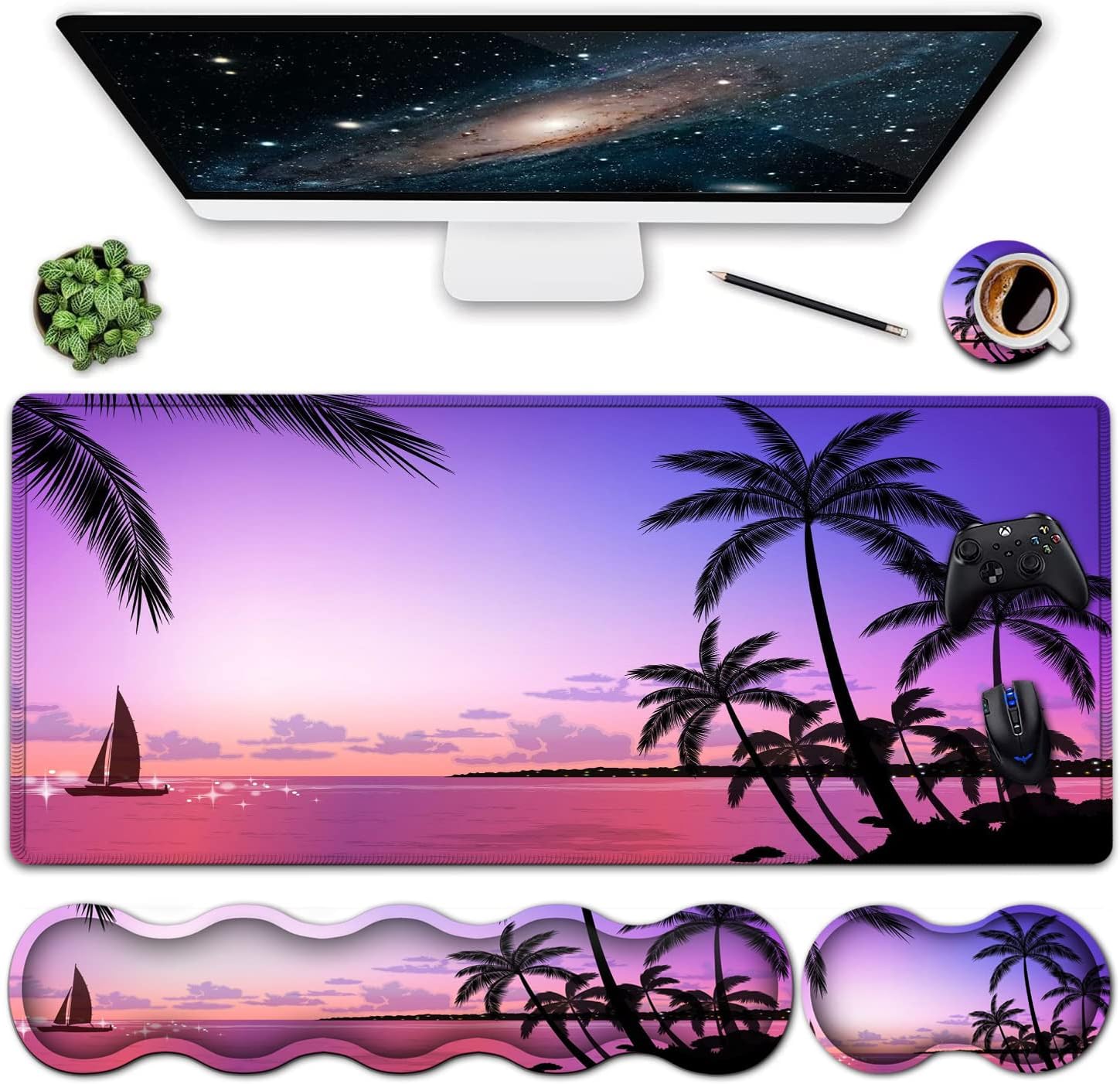 Extended Mouse Pad, XXL Large Gaming Mouse Pad with Stitched Edge + Ergonomics Memory Foam Keyboard Mouse Wrist Rest,Office Desk Pad Writing Pad Hand Rest, Sea Sunset Tropical Coconut Palm Tree Leaves