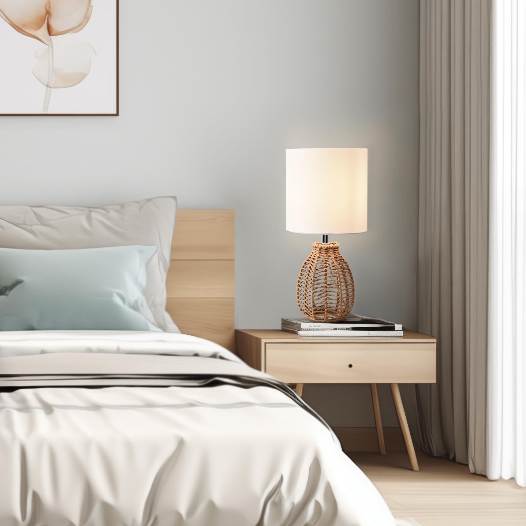lux.pro Lampada da Comodino Lampada da Tavolo con Paralume Cilindrico in Tessuto Bianco Base Lampada con Corda di Iuta E14 40W