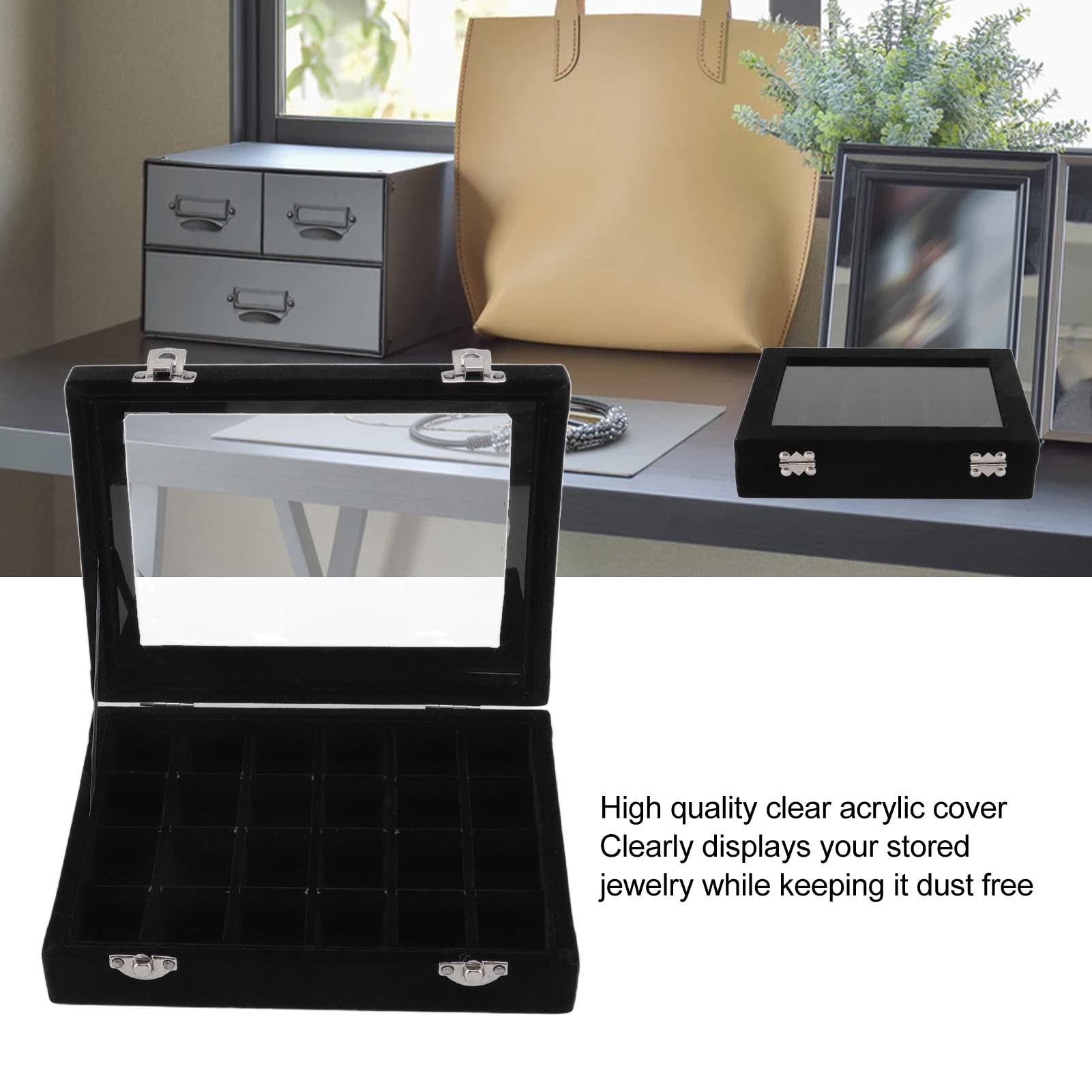 DADEA Sieraden Organizer Box, 24 Grid Earring Opbergdoos Mode-sieraden Display Tray met Transparant Deksel Stud Oorbellen Ringen Sieraden Organizer Box voor Thuis Lade Winkel Verkopen(Zwart