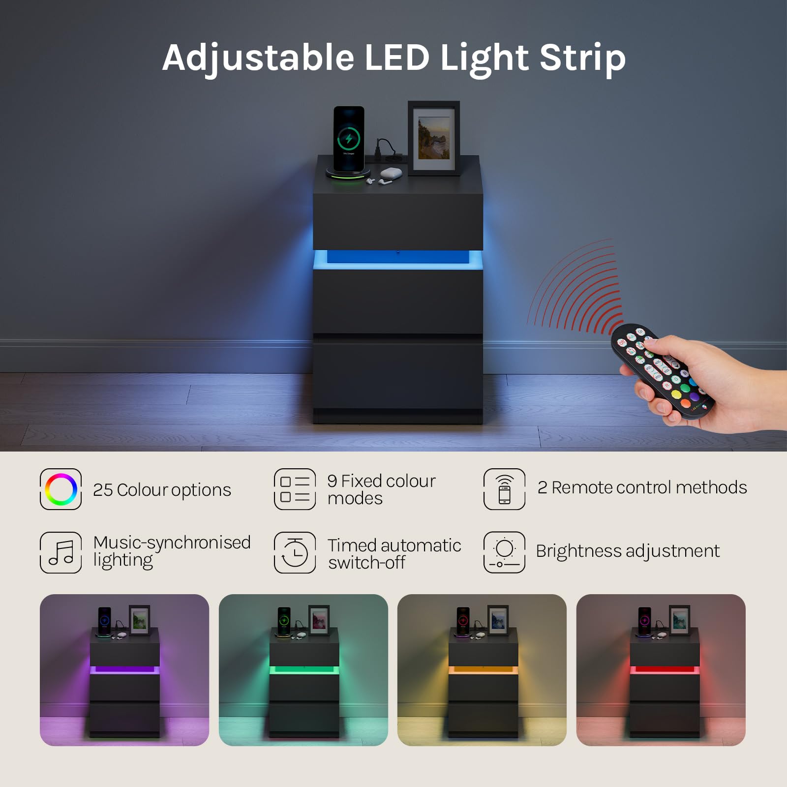 WOLTU Stolik nocny z funkcją ładowania, z 25 kolorowymi lampkami LED, 2 szuflady, 1 komora, druciana półka, stolik nocny w kolorze czarnym, 40x55x35 cm,NTS23sz