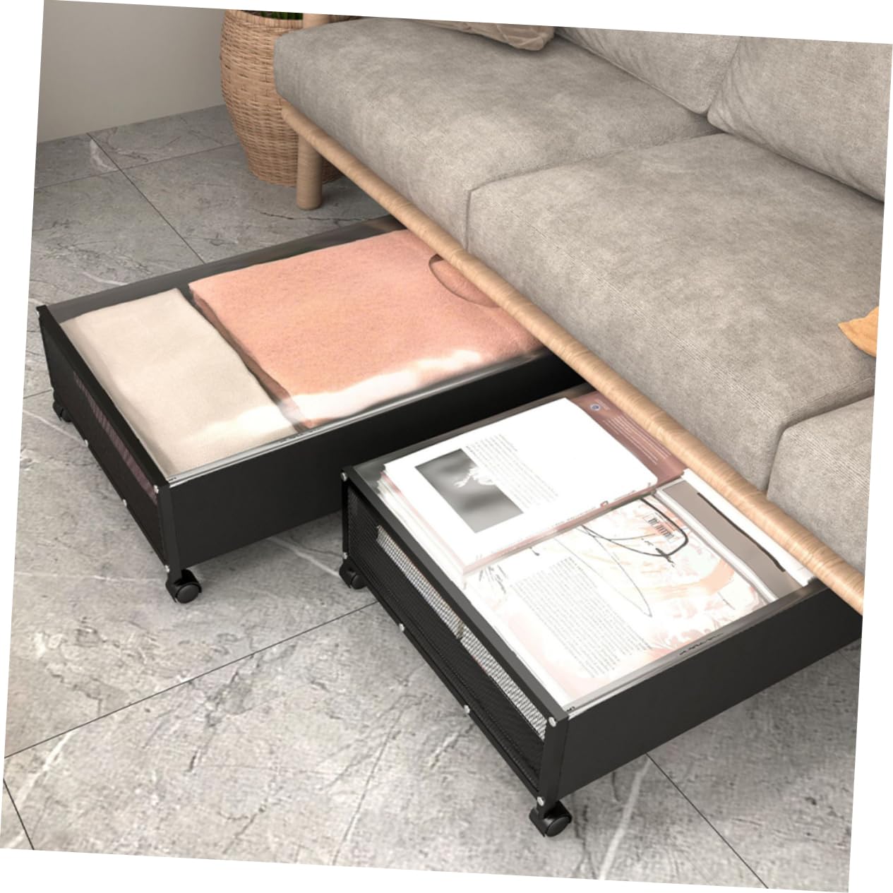 Contenedor de Almacenamiento Debajo Cama Ruedas, Negro | Tapa Transparente, Estructura Ligera en Tela No Tejida, Hierro y Pvc, para Zapatos y Prendas