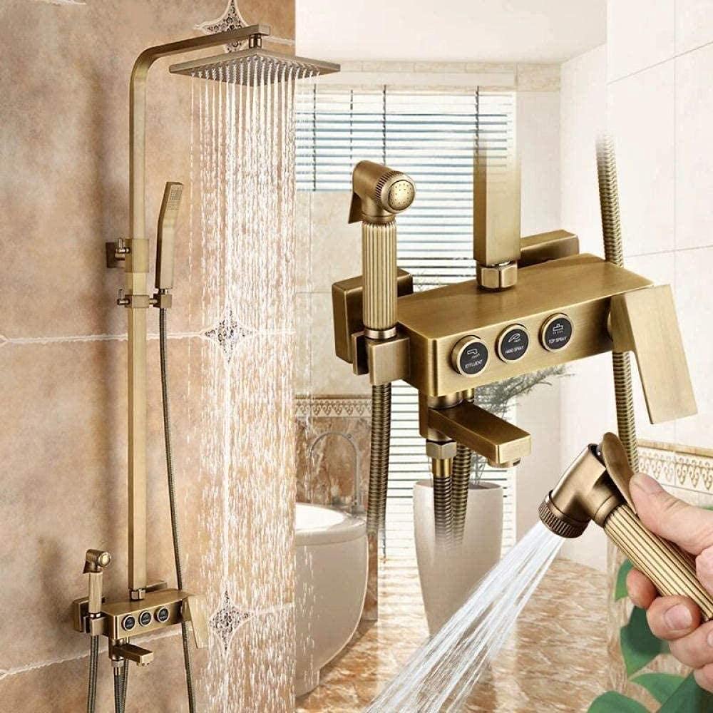 JYBNBBE Bathroom Retro Rainfall Shower System Brushed Brass Mixer Bath Tap Wall Thermostatic Rain Shower Set Faucet