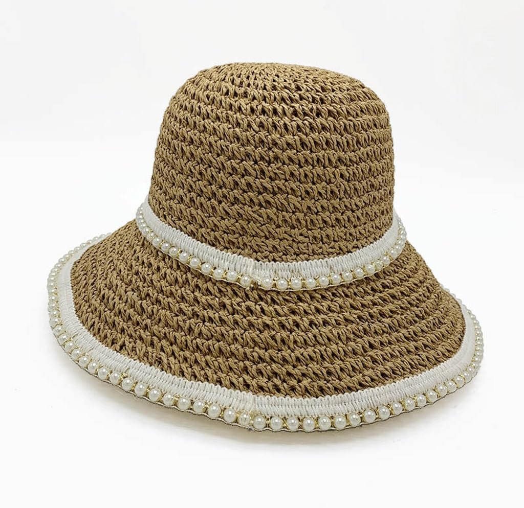 Pearl Grass Woven Fisherman Hat for Women's Outings, Sun Protection, Breathable