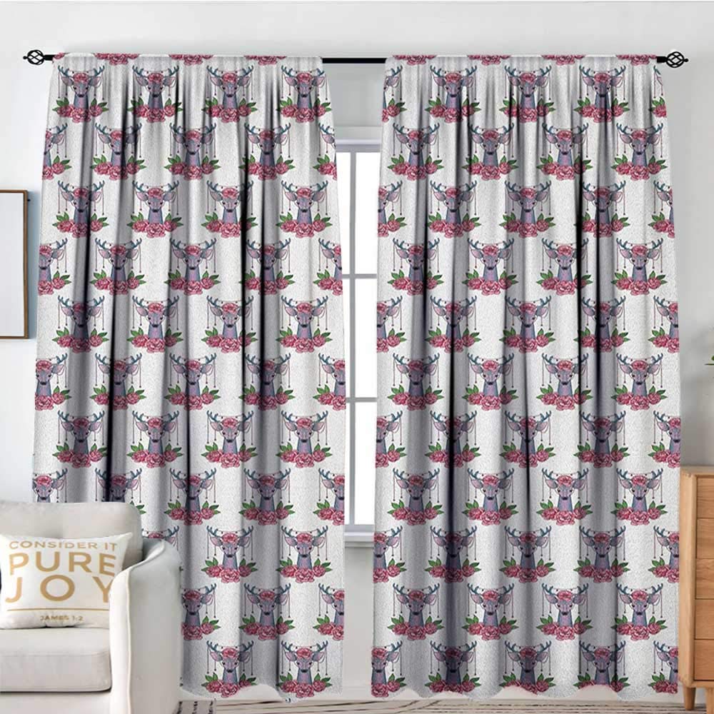NUOMANAN Blackout Curtains for Bedroom Tattoo,Deer Heads with Accessories Hanging from Its Antlers and Pink Peony Flowers, Mauve Coral Green,for Bedroom&Kitchen&Living Room 84"x84"