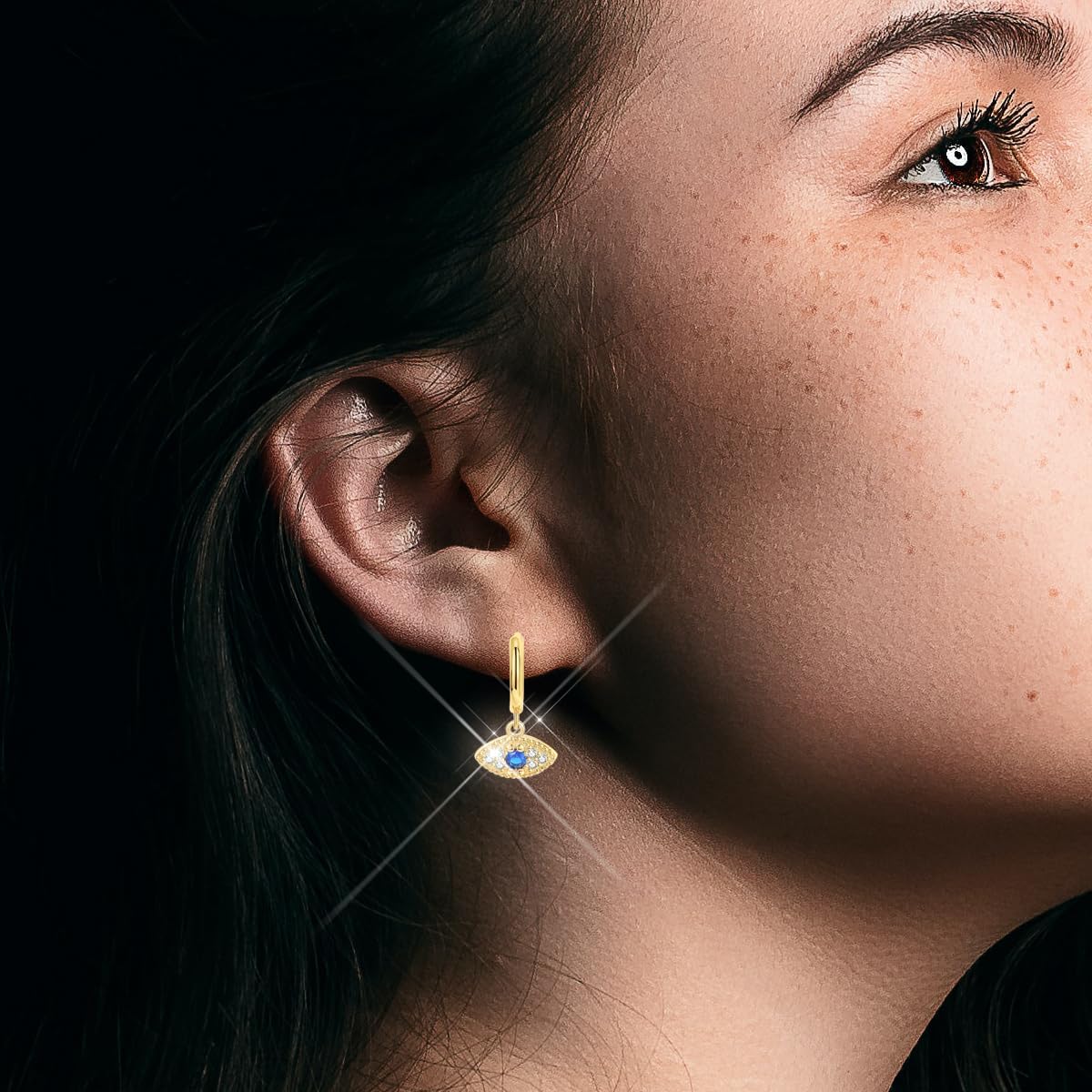 Seraphina Evil Eye Hoop Earrings for Women, 14K Gold Plated S925 Sterling Silver Post Lightweight Dainty Drop Dangle Huggie Small Hoop Earrings - Image 2