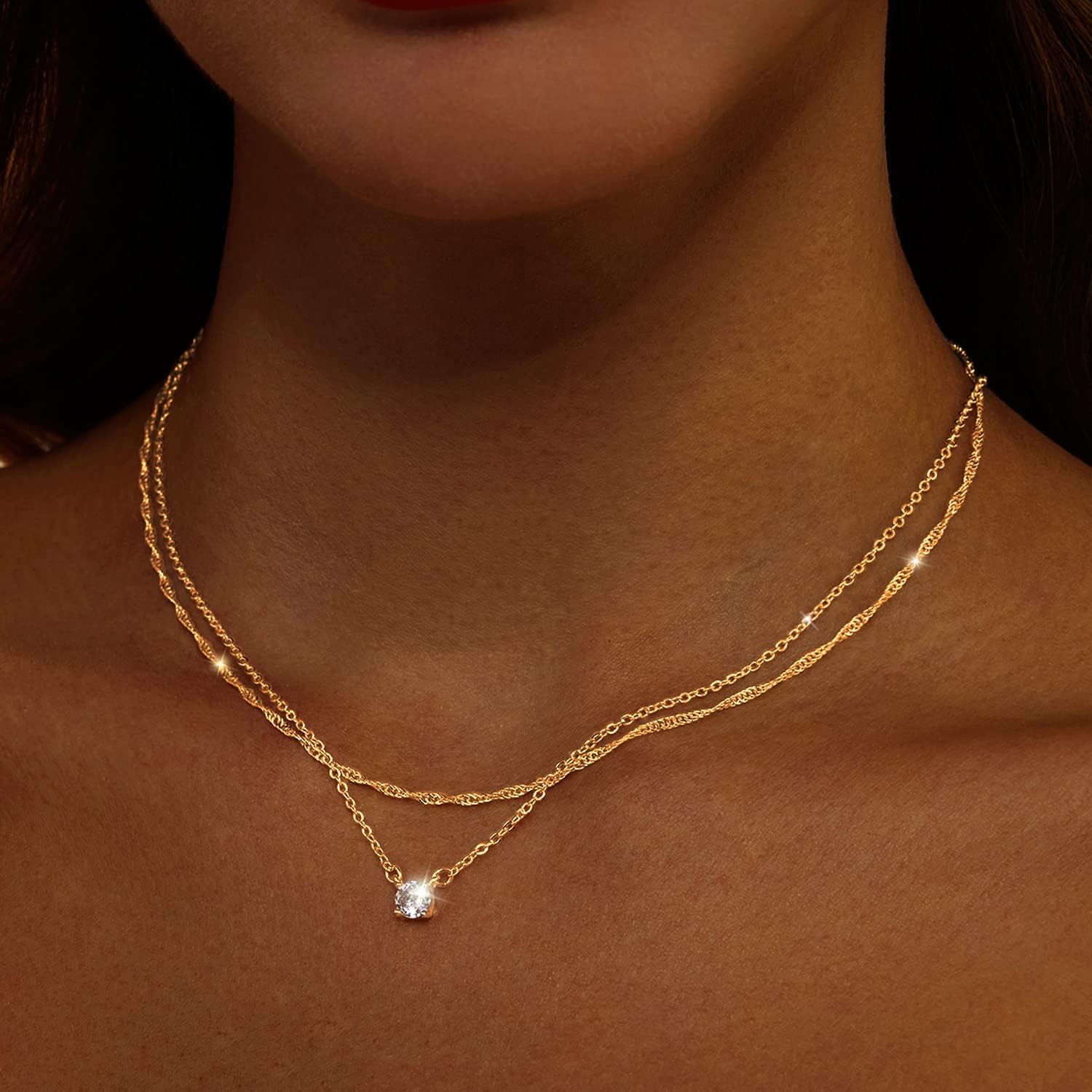 Zeffy Diamond Necklaces for Women, Dainty Gold Necklace 18k Gold Plated Layered Necklaces Simple Gold CZ Diamond Pendant Necklaces for Women Trendy Jewelry Gifts for Girls - Image 4