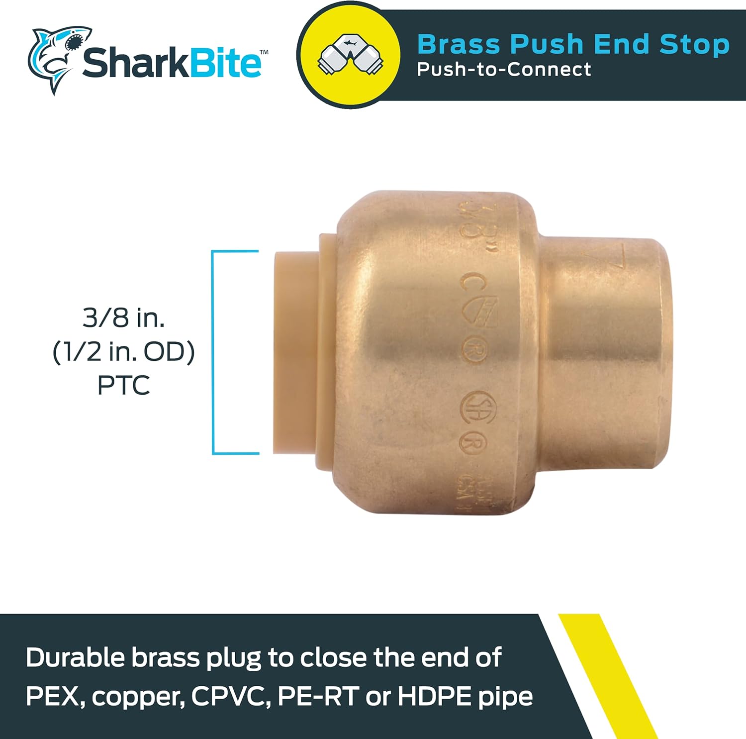 SharkBite 3/8 Inch (1/2 Inch OD) Push Cap, Push to Connect Brass Plumbing Fitting, PEX Pipe, Copper, CPVC, PE-RT, HDPE, U512LFA
