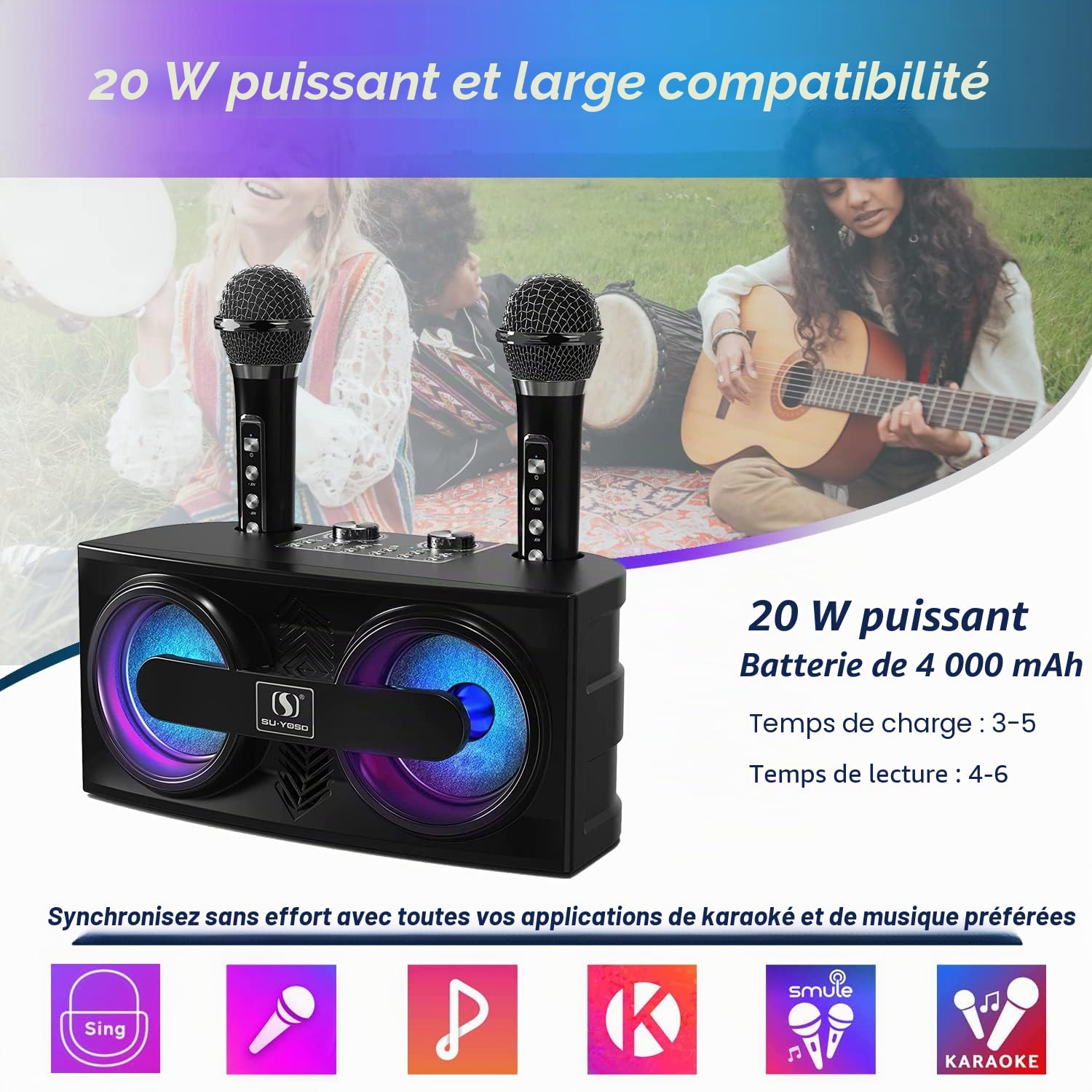 Machine de karaoké, système de Haut-parleurs Portable avec 2 Microphones sans Fil Karaoke Complet Karaoke Adulte Bluetooth 20W Enceinte Karaoké Portable fête à la Maison, réunion, Mariage,
