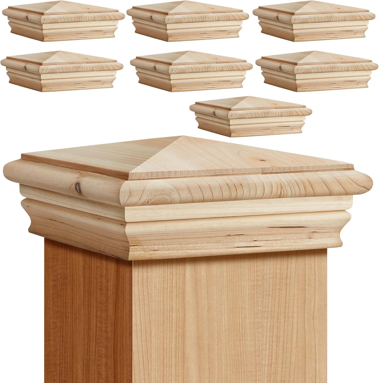 Geetery 8-Pack 4x4 Cedar Wood Fence Post Caps - Durable Newel Post Toppers for Decks, Fences & Mailboxes