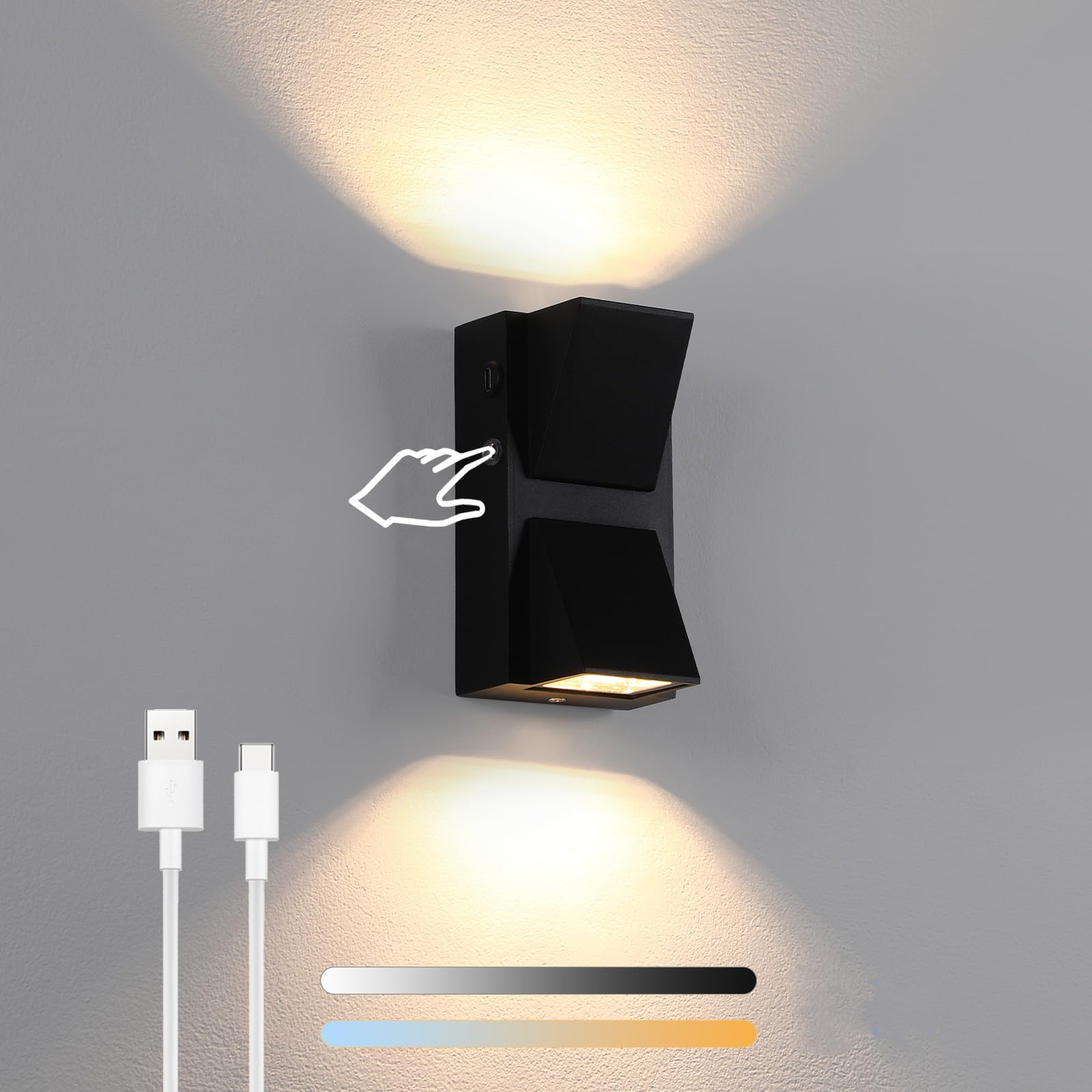 Lightsjoy Battery Operated Wall Light LED USB Rechargeable Battery Wall Sconce Indoor 3 Color