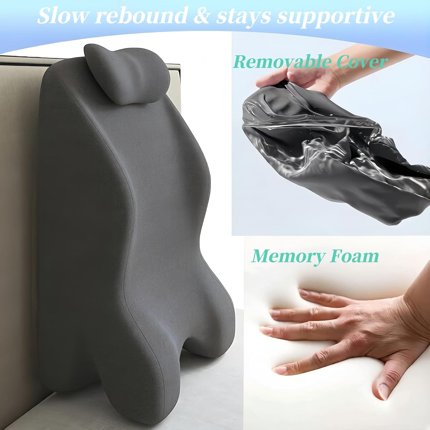 Memory Foam Wedge Pillow for Sleeping and Reading, Ergonomic Multi-Purpose Backrest, Superior Neck & Shoulder Support with Removable Cover (Dark Gray)