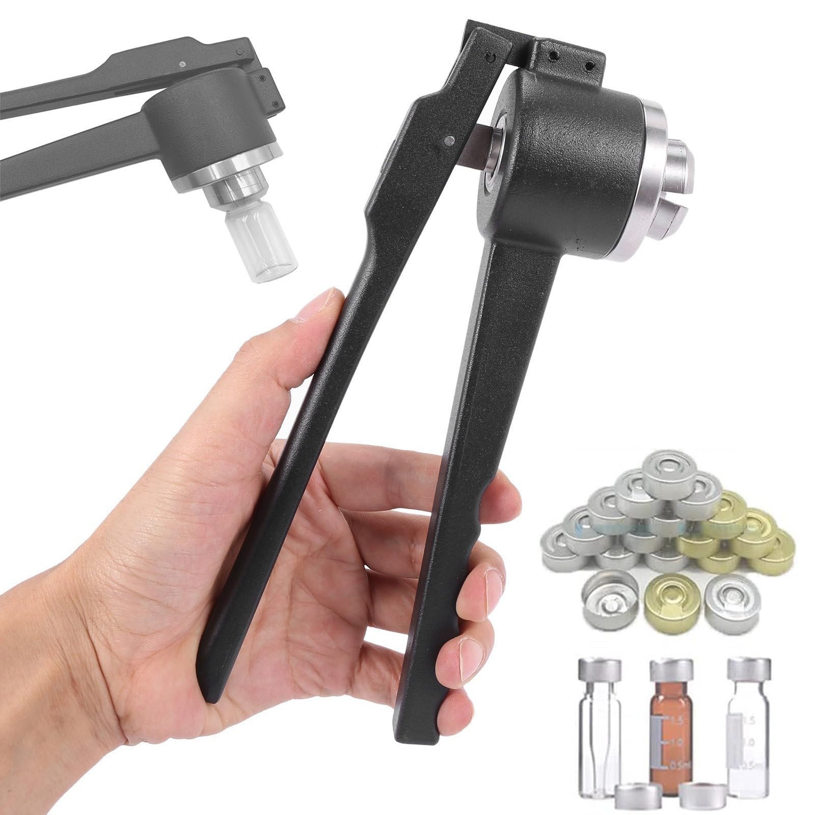 Pinza crimpatrice manuale per tappi in alluminio Strumento di sigillatura di bottiglie in acciaio inossidabile Macchina di crimpatura professionale per uso farmaceutico e laboratorio Durevole e facile