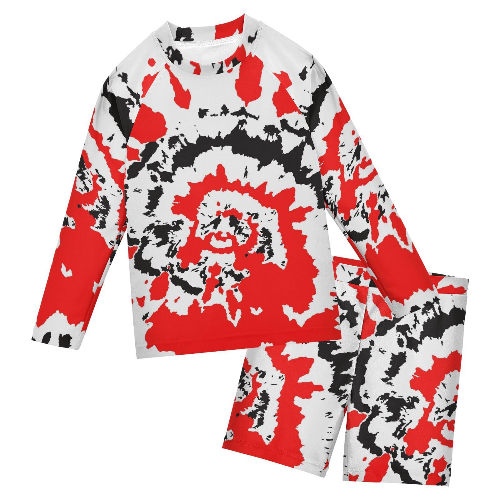 Aflyko Kids' Bathing Suit Set Tie Dye Black Red Long Sleeve Swim Tops with Shorts Summer Vacation Pool Party Rashguard Fun Cute Infant Beachwear, 4T