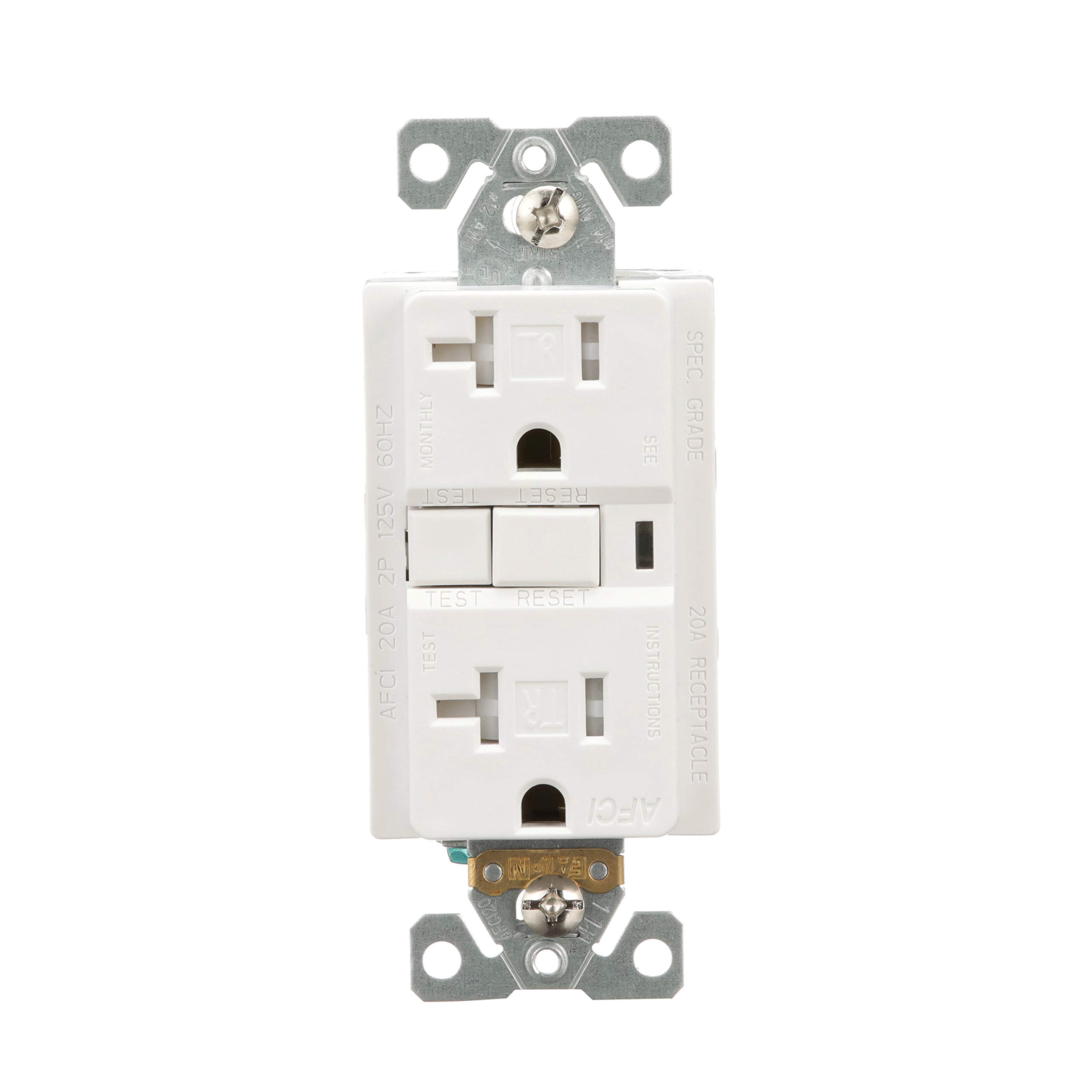 EATON TRAFCI20W Tamper Resistant Arci Duplex Receptacle, 125 Vac, 20 A, 2 Pole, 3 Wire, White