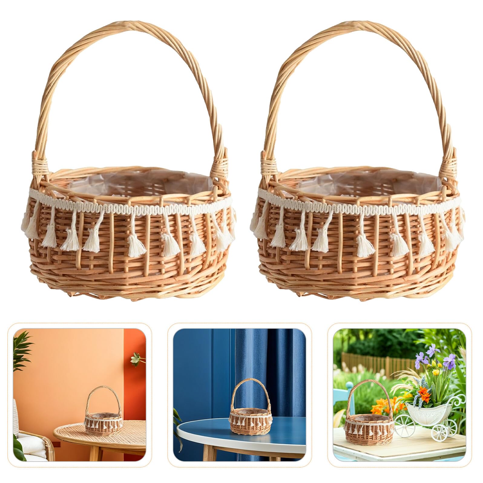 VALICLUD Lot de 2 Paniers en Rotin Tissé à la Main avec Poignée Petits Paniers Ronds Décoratifs Bleu 15 CM avec Pompons pour Demoiselle d'Honneur Rangement Floral et Cérémonies