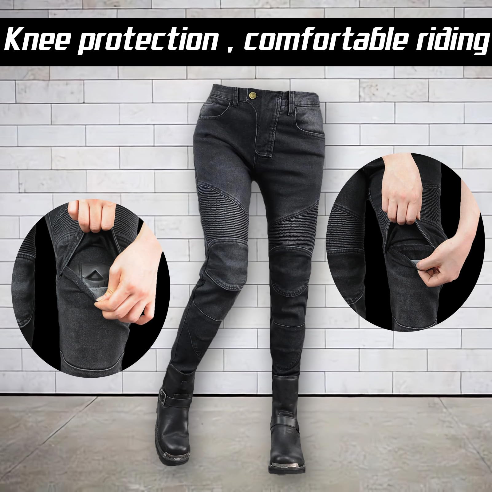 Jeans da donna, slim fit, da moto, con protezioni per ginocchia e fianchi, elasticizzati, slim fit, in denim, da motociclista