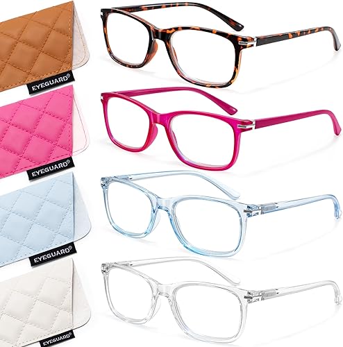 EYEGUARD Paquete de 4 lentes de lectura con bloqueo de luz azul para mujeres y hombres, bisagra de resorte, lentes de filtro antirreflejos
