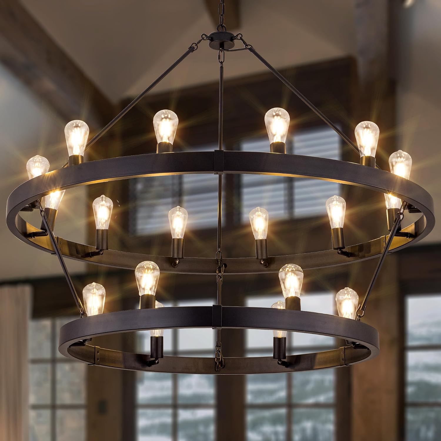 TOCHIC 2 Tier Wagon Wheel Chandelier, 48 Inch Large Black Chandeliers for High Ceilings Farmhouse Industrial Light Fixture for Dining Living Room, Foyer, Entryway, 18 Lights, Adjustable Base