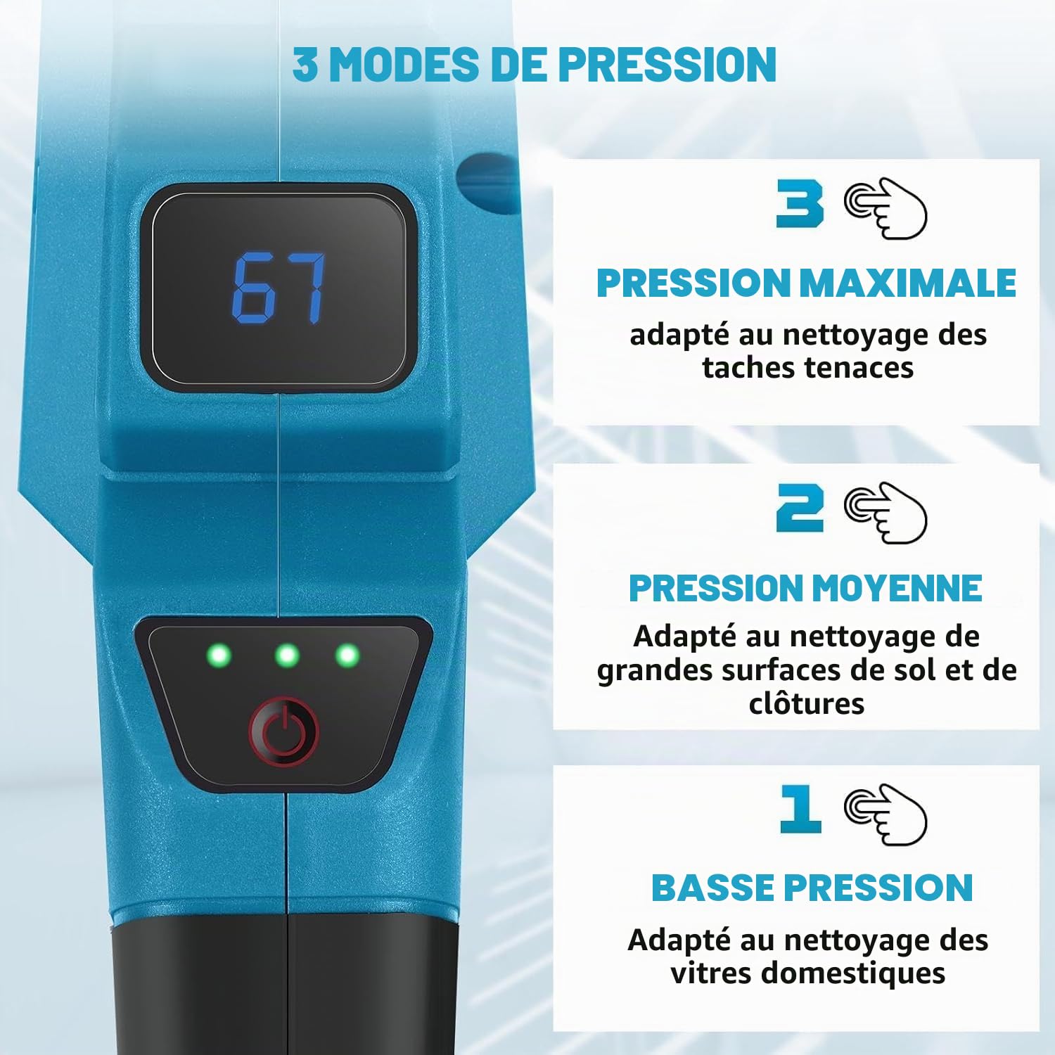 Nettoyeur à Pression sans Fil 6 en 1 Buse avec 2 * 3.0Ah Batterie 21V | Nettoyeur Haute Pression Portable 120 Bar 3.4GPM 3 Vitesses Buse 5m Tuyau Chargeur pour Voiture Jardin Arrosage