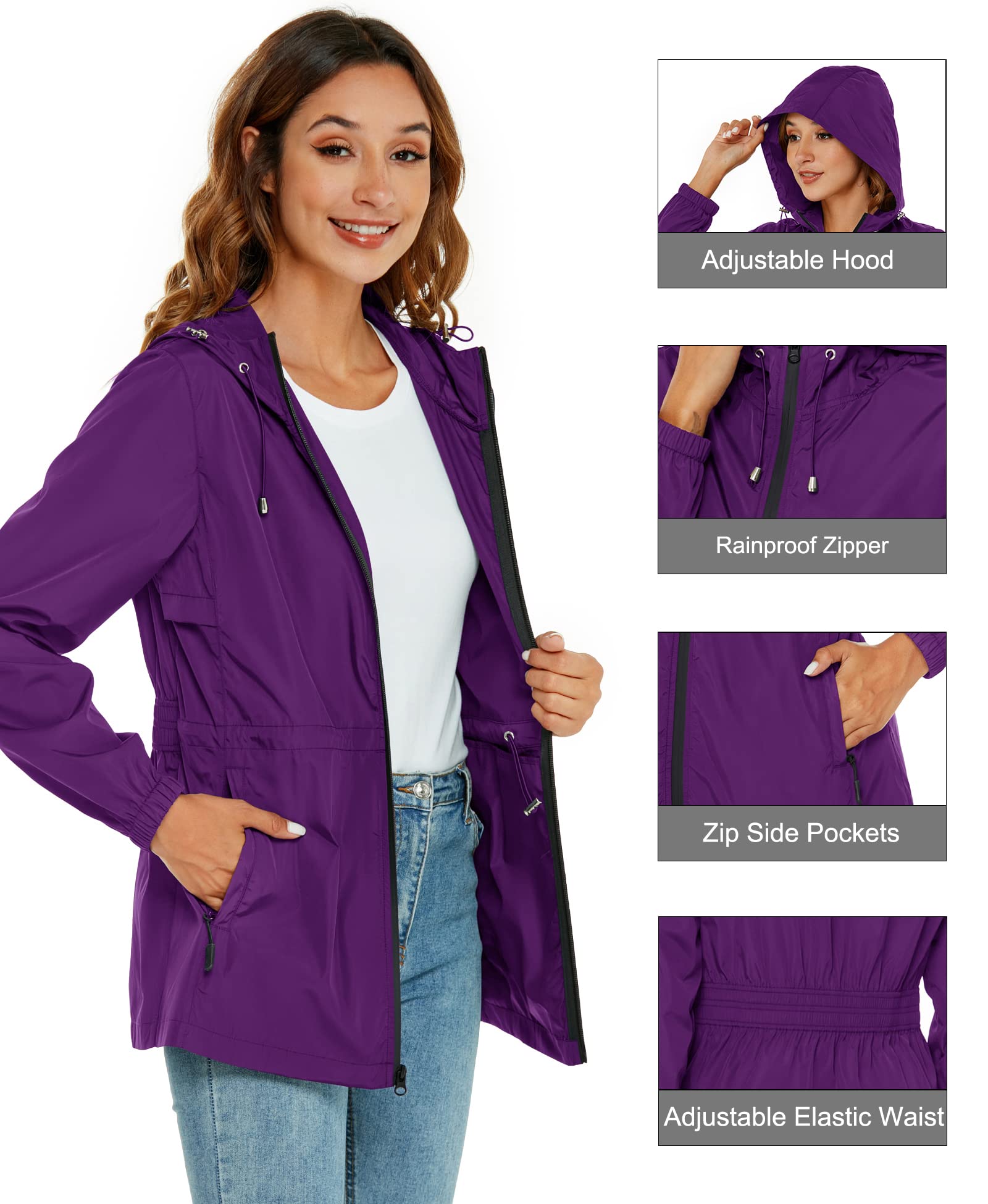 Rapbin Impermeabile da donna giacca impermeabile leggera cappotti antipioggia all'aperto trench cappotto pieghevole con cappuccio impermeabile con tasca