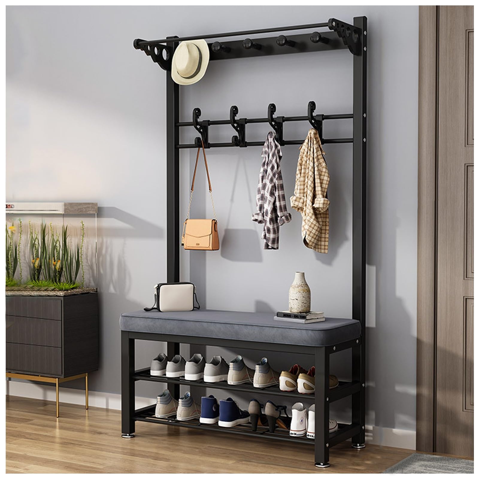 LWJSOCP Freestanding Hallway Coat Rack with Shoe Bench & Storage Shelves Entryway nizer with Hooks Black Hall Tree for Living Room & Stylish (L80*W33CM/L31.4*W12.9IN)