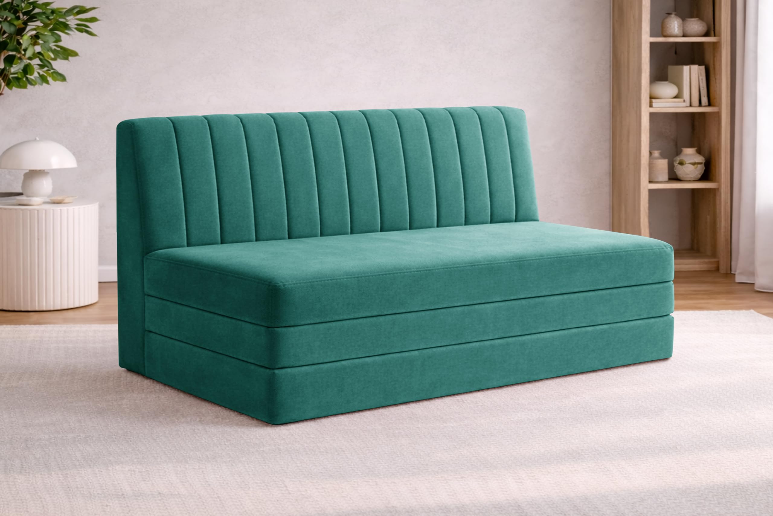 Rosebell 5x6-3 Seater Upholstered Armless Sofa Cum Bed with Backrest | Soft Velvet Fabric Finish | Modern Living Room & Bedroom -Green