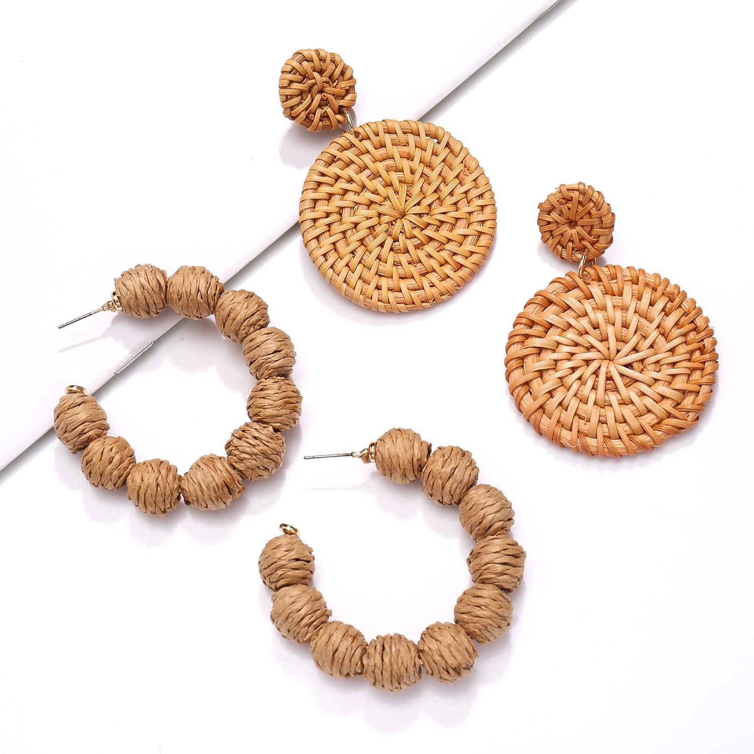 Rattan Earrings Boho Rattan Ball Hoop Earrings for Women Handmade Summer Beach Raffia Dangle Earring Set Statement Straw Wicker Earrings Gifts - Image 7