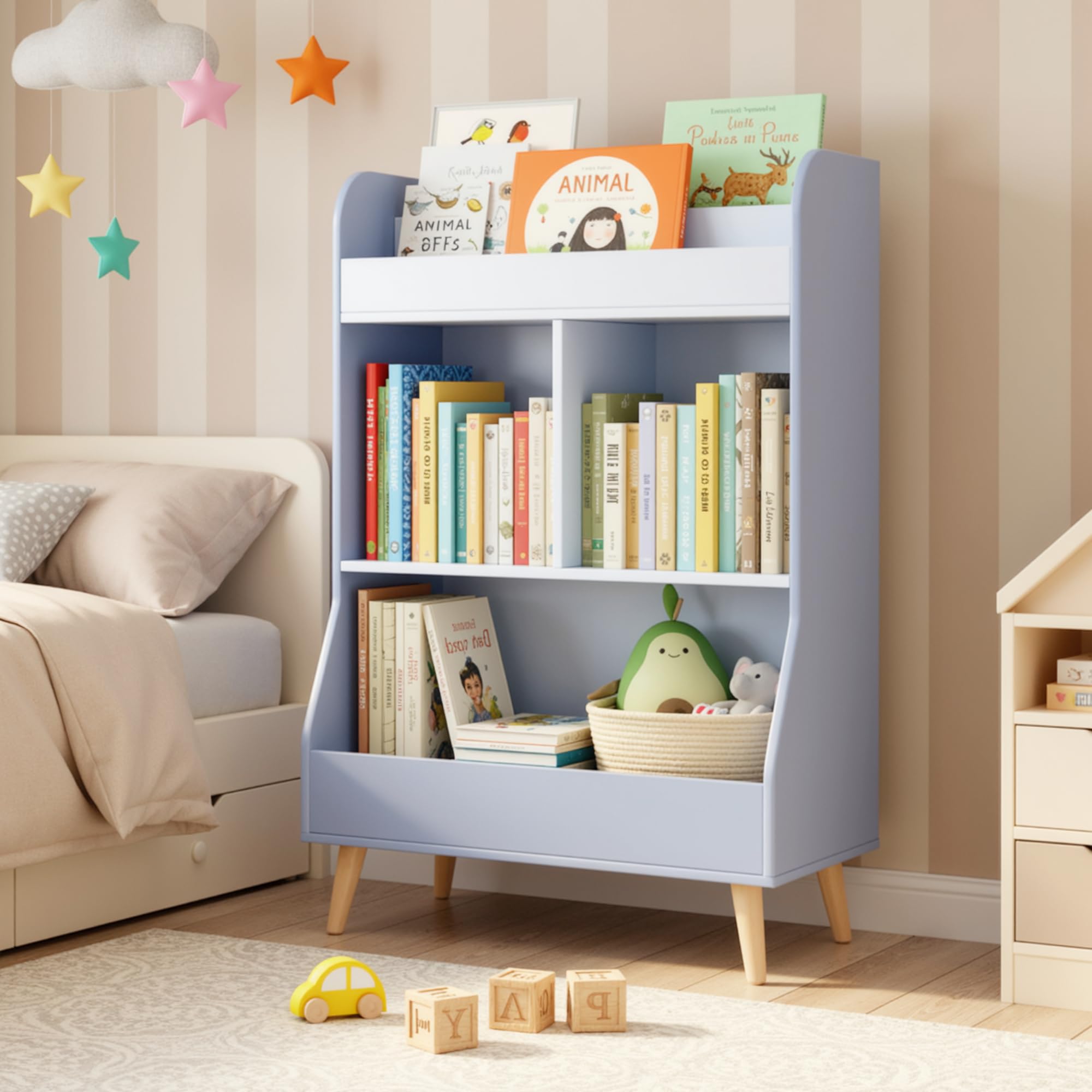 MAMIZO Estantería Infantil 5 Estantes,Mueble Juguetes Organizador, Estantería Montessori,Librería Infantil,para Guardería Sala de Juegos,con 2 Estantes, 3 Compartimentos,94 × 62 × 34 cm,Azul