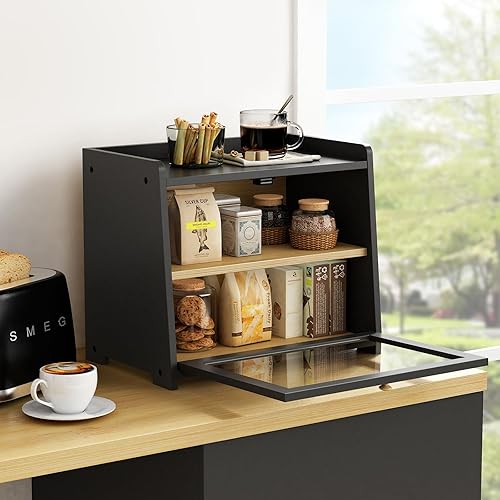 Miniatura 10 de Panera de bambú para encimera de cocina, organizador de encimera de cocina de madera y almacenamiento para pan, café, especias, aperitivos,