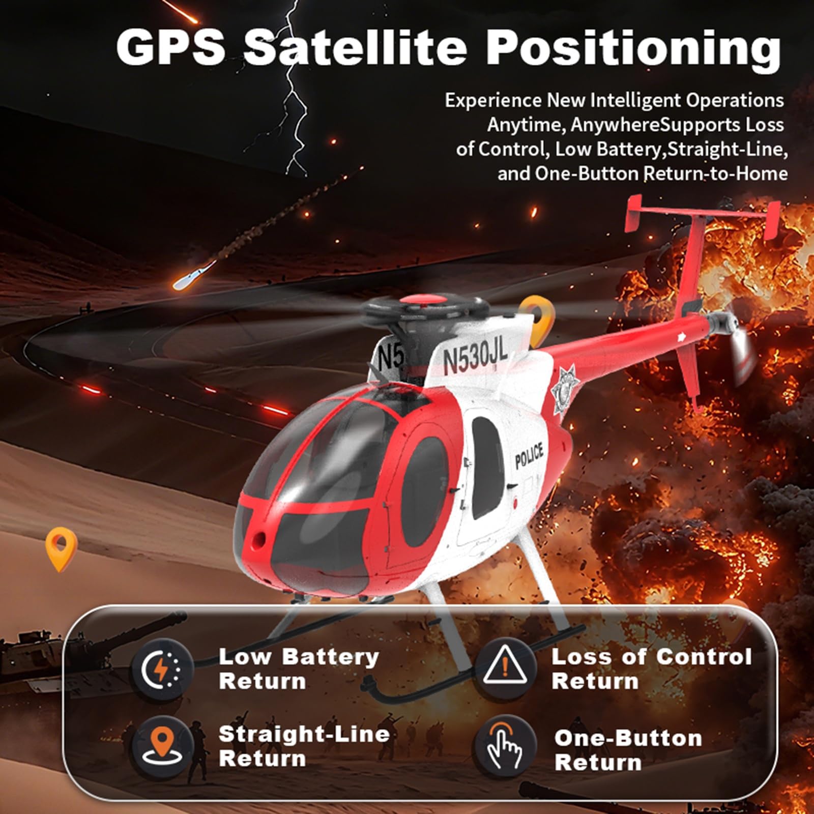 Helicóptero RC F119S MD500 con giroscopio de 6 Ejes, Modos conmutables 6G/3D y Cabina abatible - Helicóptero teledirigido RTF para Principiantes y Adultos(Red,No Camera)