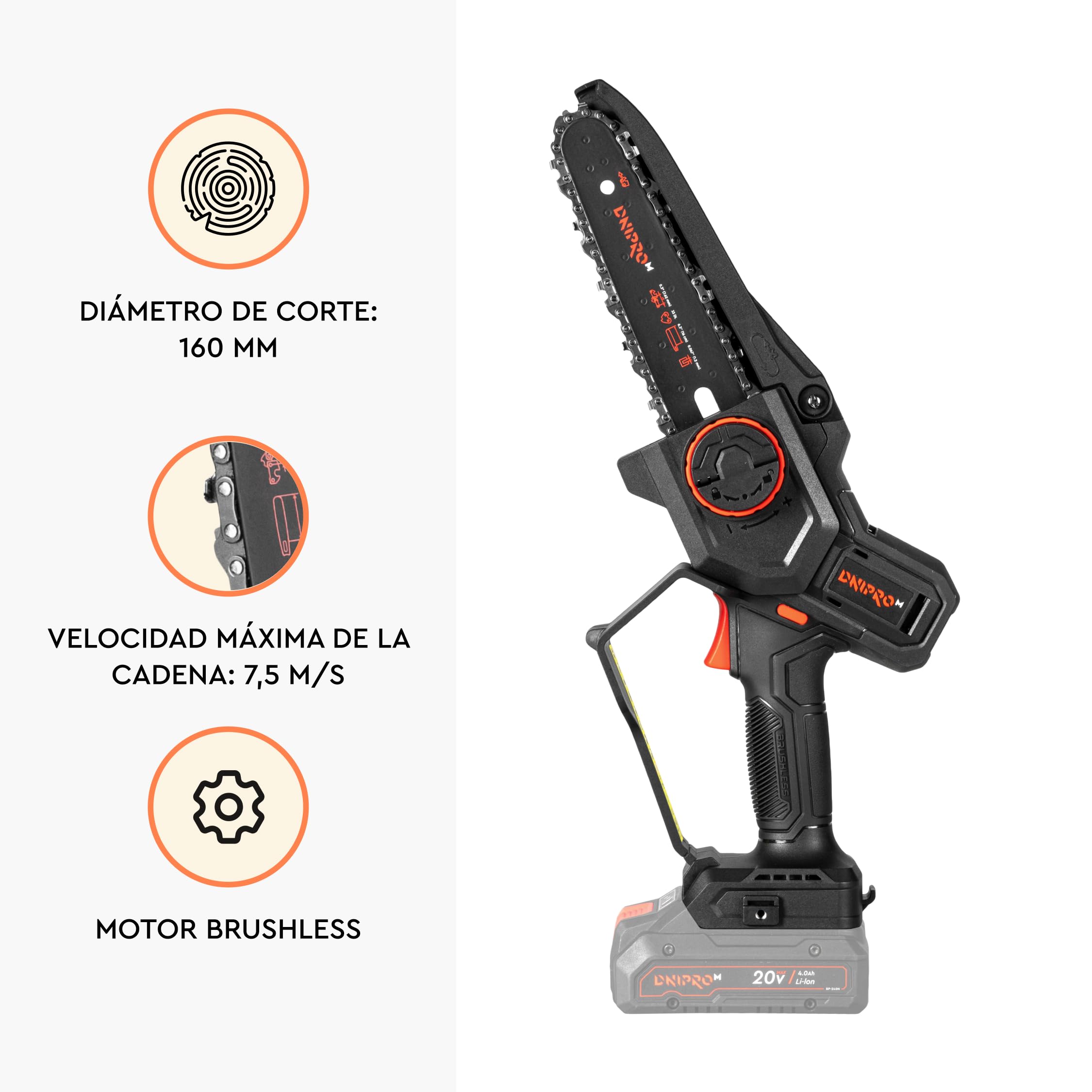 Mini Motosierra Batería DMS-201BC - Motor Brushless 20V, 4.400 RPM - Motosierra Eléctrica Pequeña Compacta, Guía 16 cm, Cadena 7,5 m/s, 1,2Kg, Tensado Sin Llave - Batería 6Ah y Cargador - Por Dnipro-M