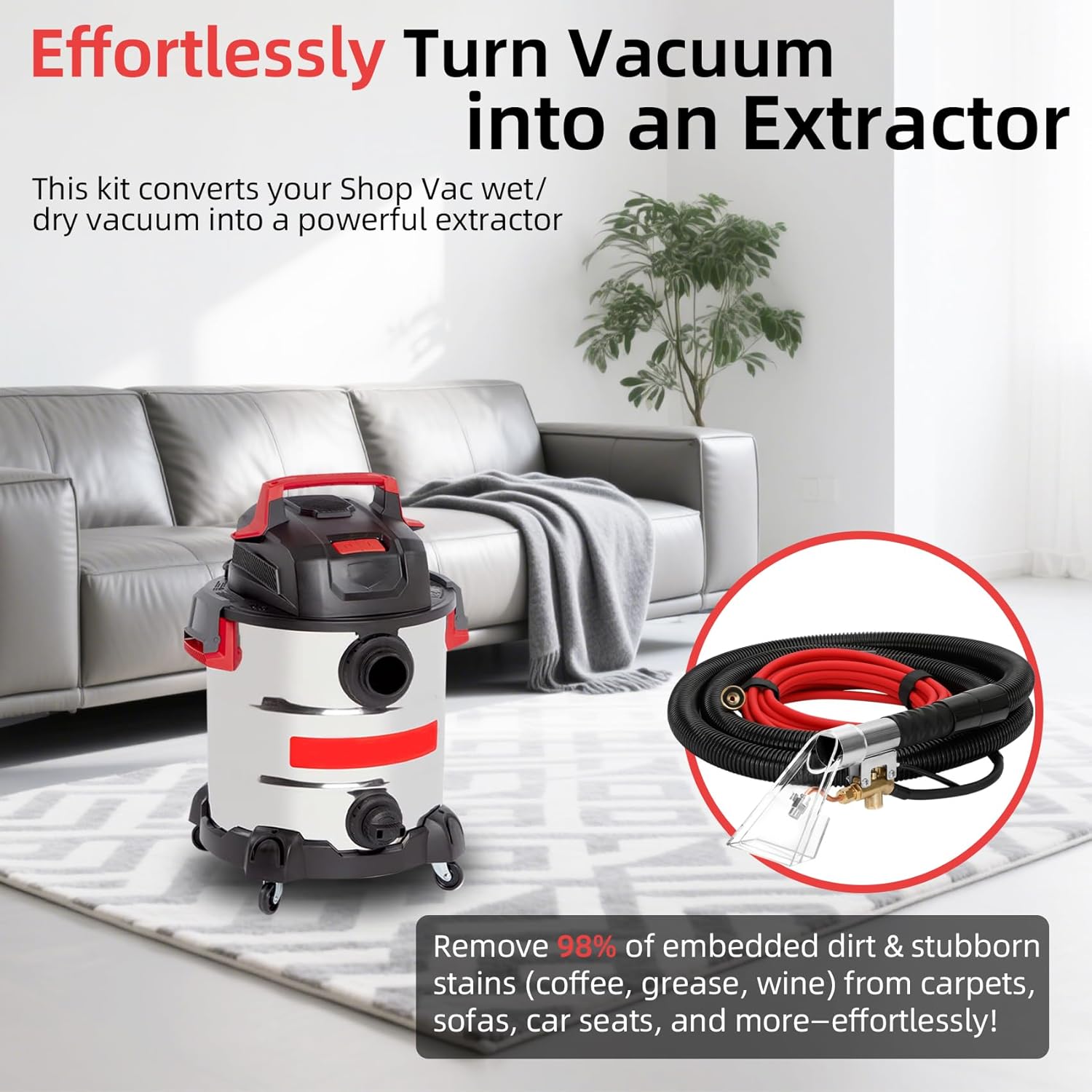 Extractor Hose Kit, Compatible with Shop Vac Extractor Kit for Upholstery, Carpet Cleaning & Auto Detailing with 10FT Hoses and 25 FT Water Pipes & Adapter