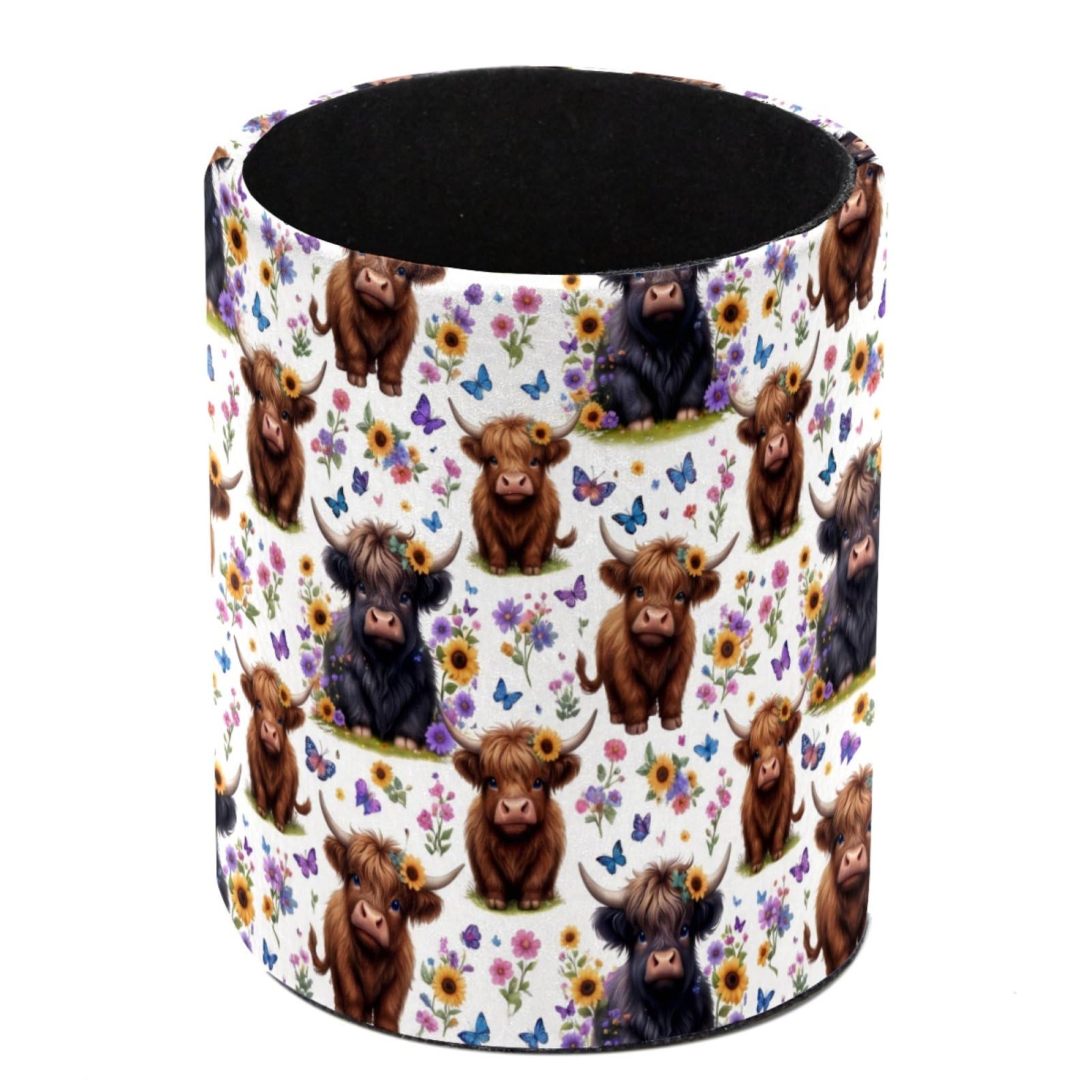 HEOEH Highland Cow Flower Pen Holder for Desk, PU Leather Pencil Holder Pen Cup Marker Holder Makeup Brush Holders, Desk Accessories & Workspace Organizers for Home, Office