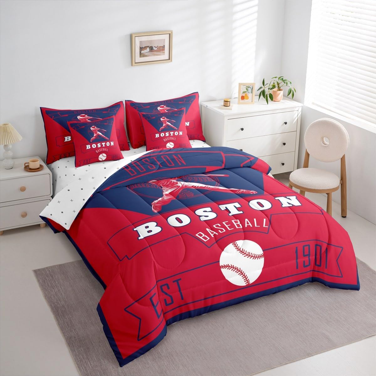 Feelyou Boys Baseball Comforter Set with Sheets 7 Piece Twin Size Boston Bedding Set for Kids Boys Girls Baseball City Bed in a Bag Sports Game Room Decor Soft Lightweight Microfiber