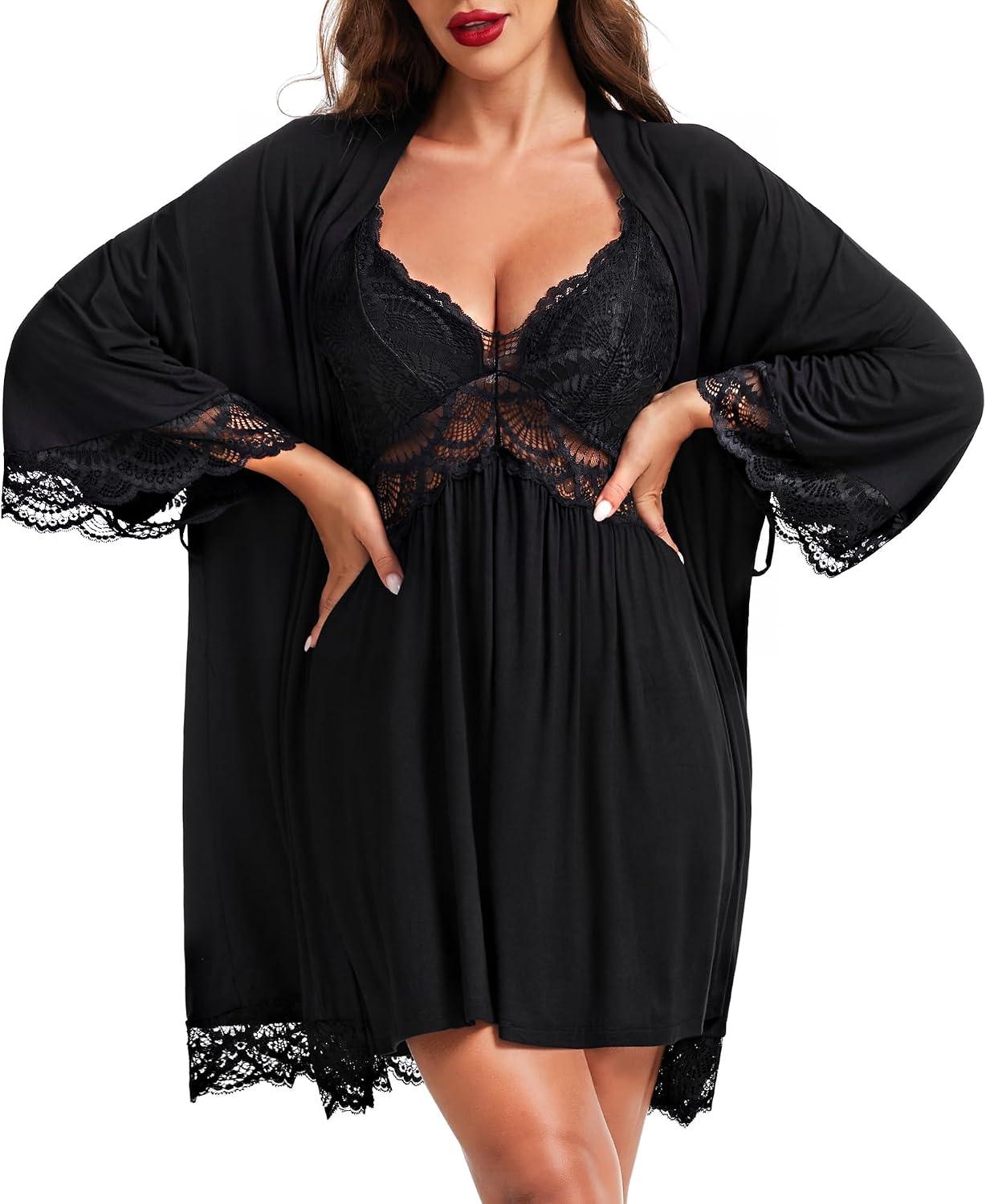 RSLOVE Women's Robes Set - 2 Piece Lace Chemise Nightgown and Robe