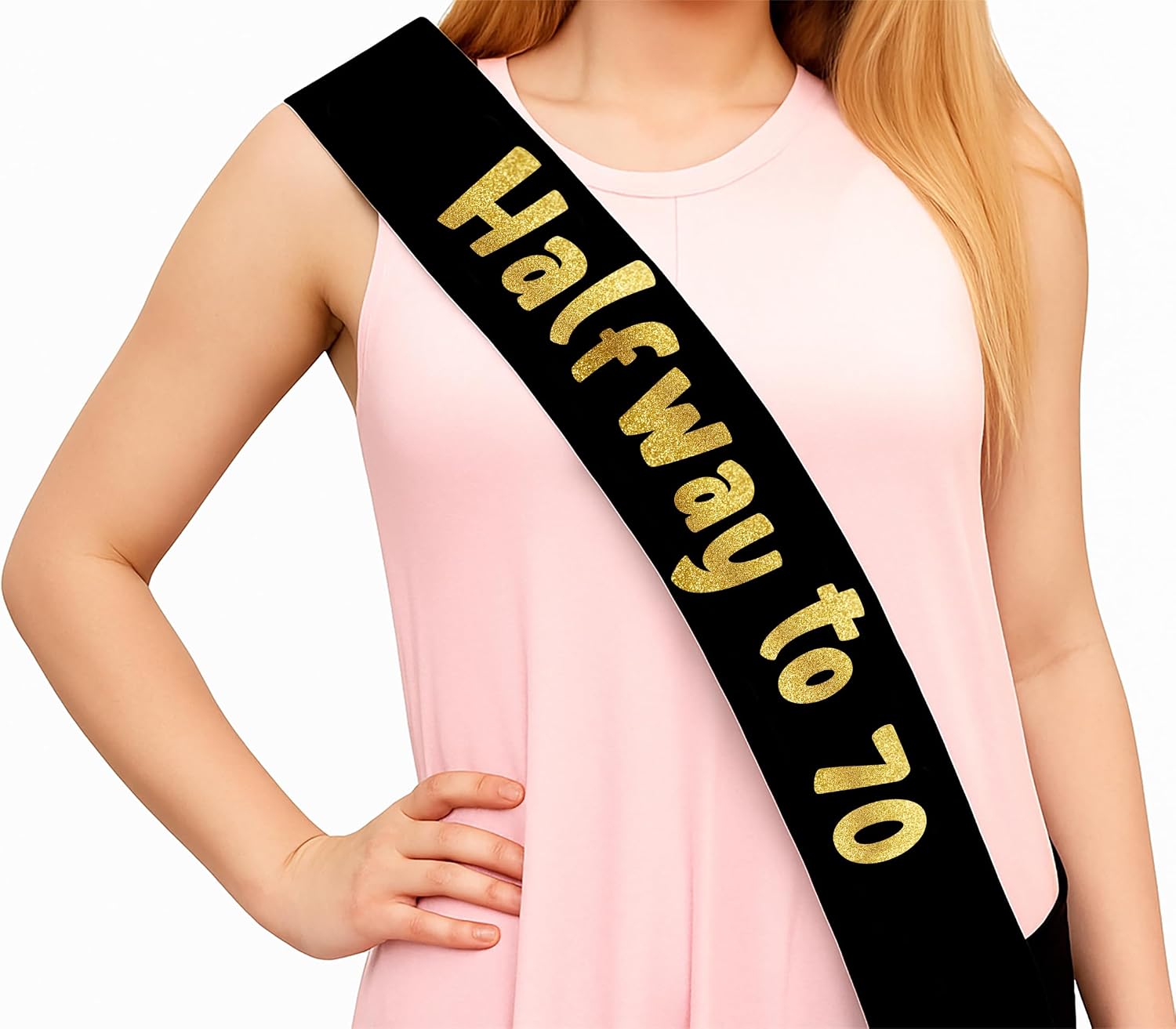 Sterling James Co. Halfway to 70 Black and Gold Glitter Satin Sash - 35th Birthday Sash for Him or Her - Party Decorations, Supplies and Gifts