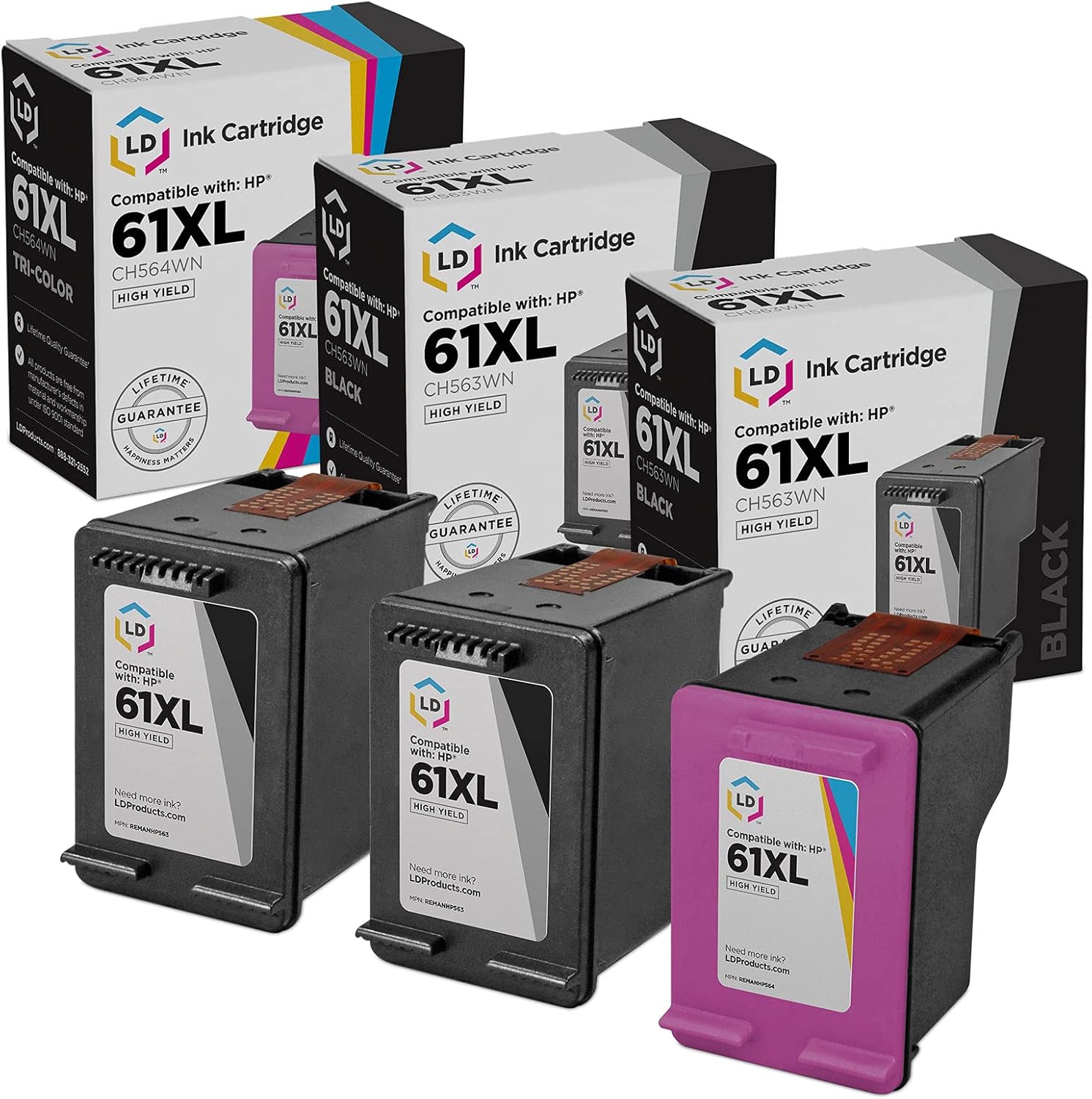 LD Products Remanufactured Ink Cartridge Replacements for HP 61XL High Yield (2 Black, 1 Color, 3-Pack) Compatible with HP DeskJet 1056 1510 1512 2514 2540 3050 3051A 3051A-J611h 3052A 3052A and More