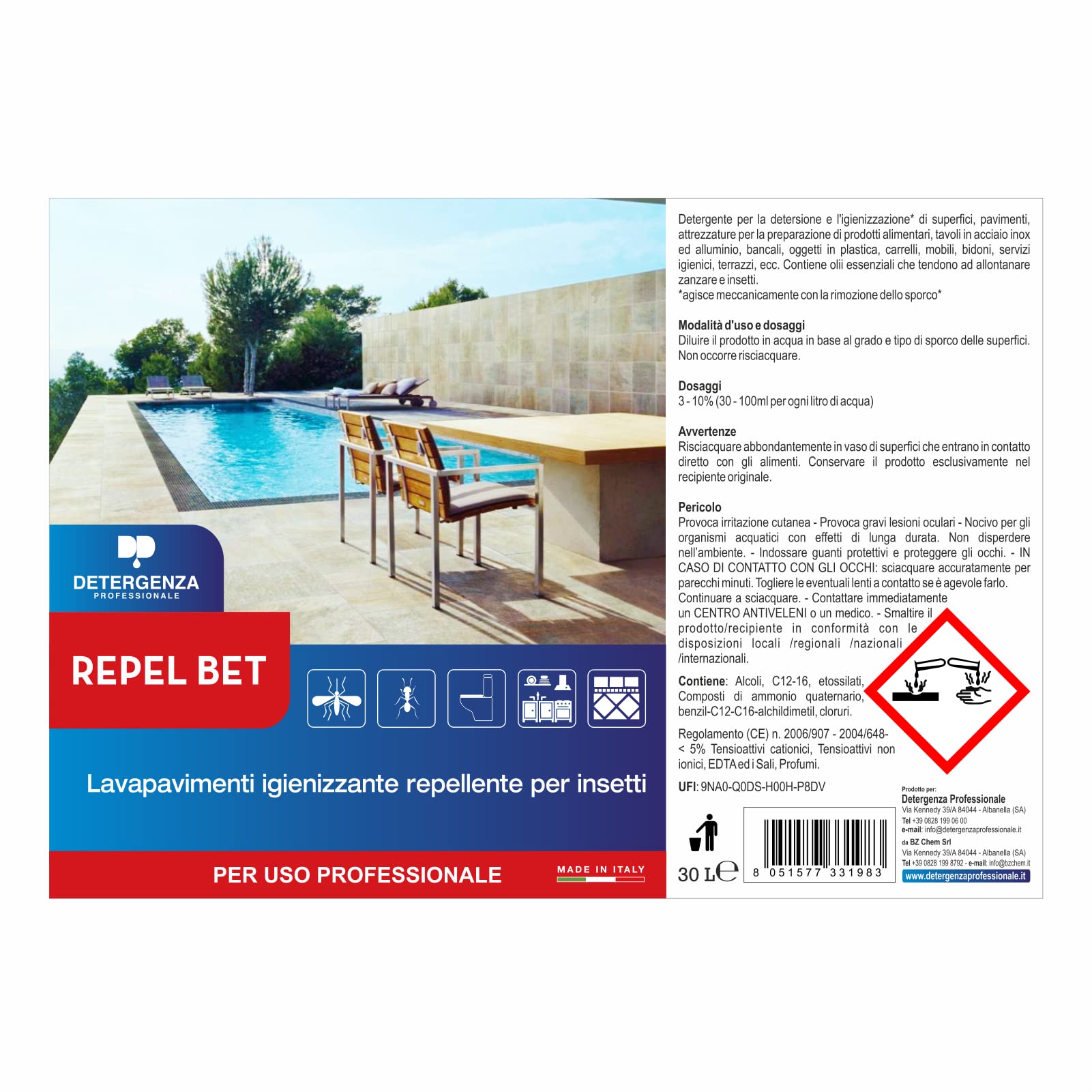 LAVAPAVIMENTI IGIENIZZANTE Repellente per Insetti Repel Bet CONCENTRATO - Tanica da 30 L