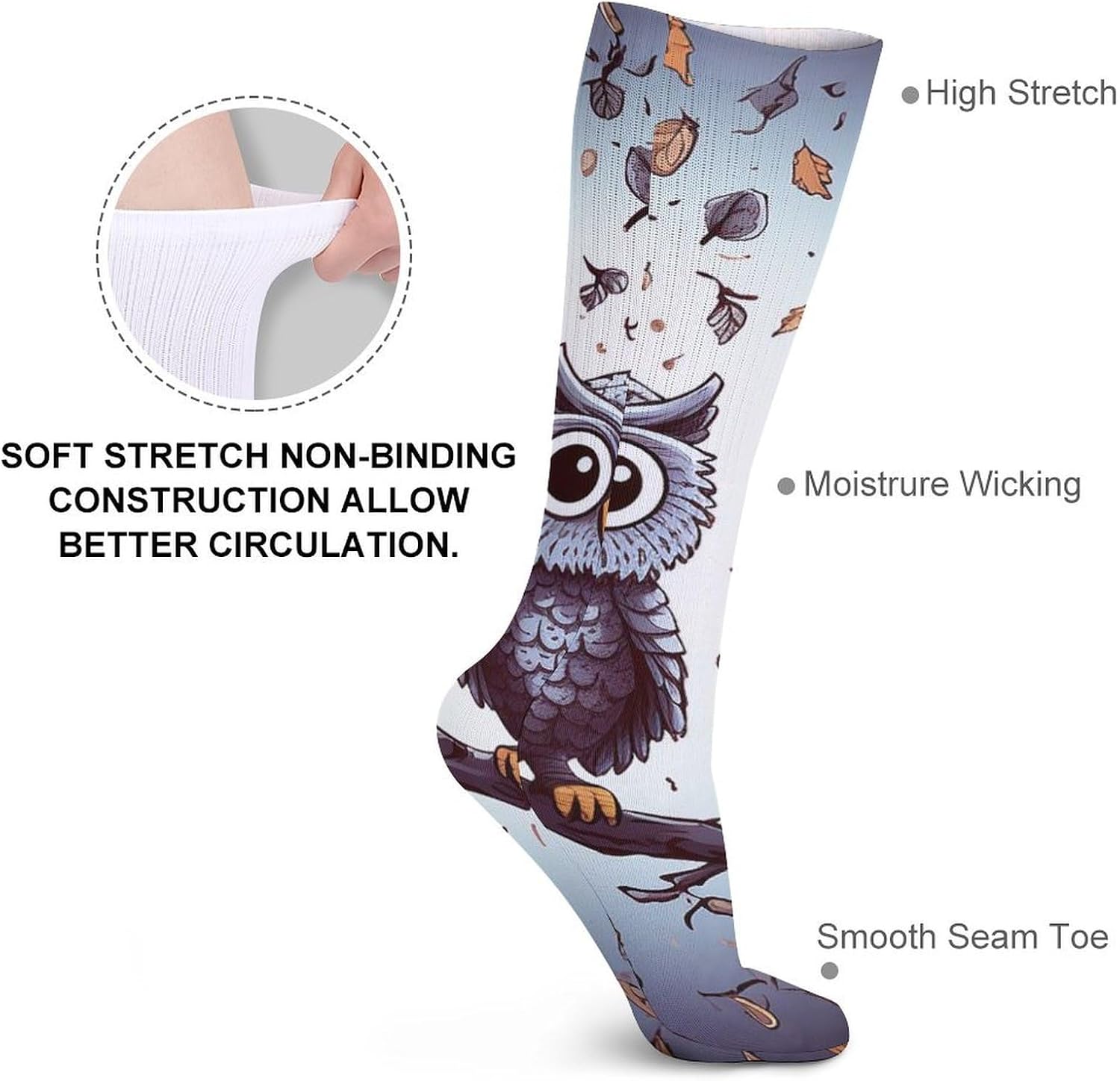 Breathable Crew Sock, Moisture Wicking, Athletic Calf Socks, Cozy | Owl Tree Branches Compression Socks for Women Men, Lightweight High Work Socks for Business, Casual