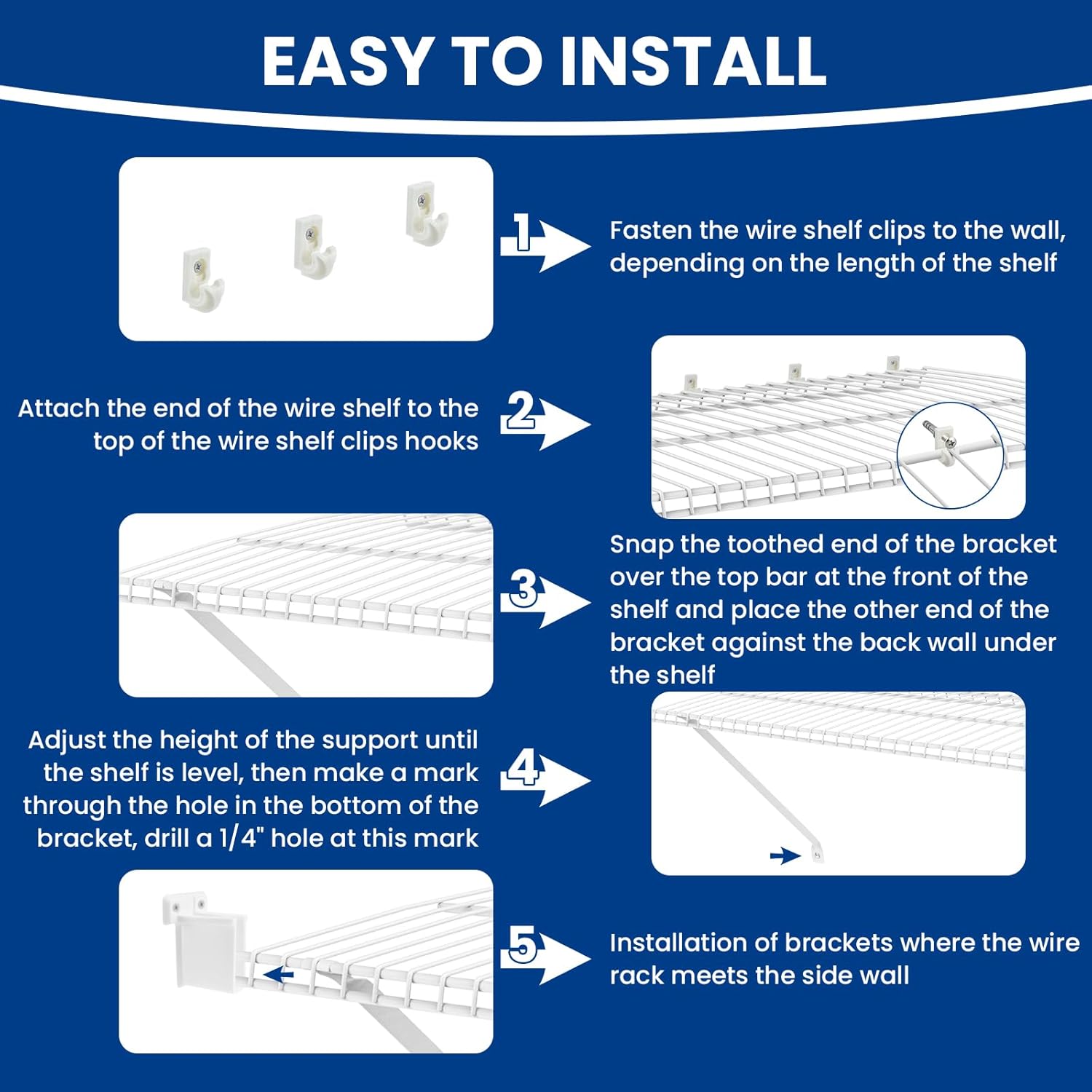12 Inch Wire Shelf Support Brackets Kit, Includes 12 Wire Shelf Clips and 4 End Brackets, 24 Screws and 24 Expansion Tubes for Support Shelves, Closet, Wardrobe, Ledge Installation