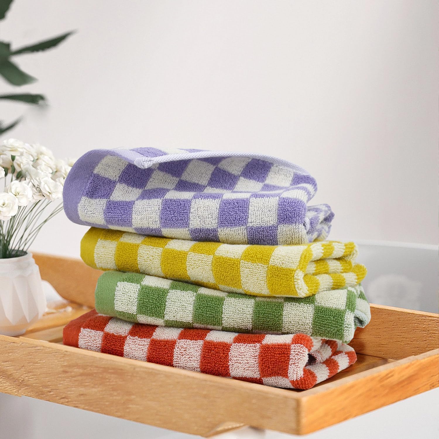 Lot de 12 Serviettes à carreaux pour la douche (33 x 33 cm), multiusage, serviettes douces et mignonnes, 4 couleurs