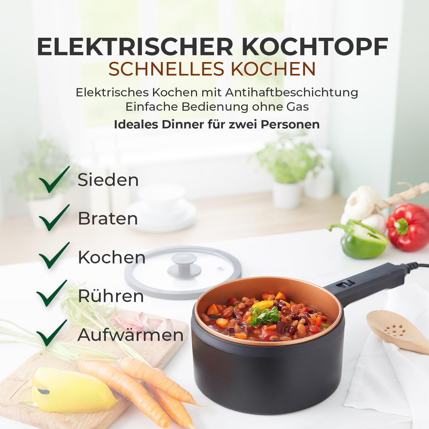 3 PAGEN® Elektrischer Kochtopf mit Deckel 2 Liter, Antihaft Hot Pot Multikocher, Kochen ohne Herd, Elektropfanne, Elektro-Kochtopf mit 2 Temperaturreglern, Multifunktional und energiesparend, 300/600W