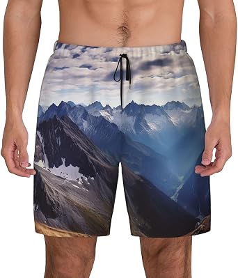 Mens Swim Trunk Quick Dry Swim Shorts with Liner Beach Short Alps Panorama Bathing Suit with Pocket