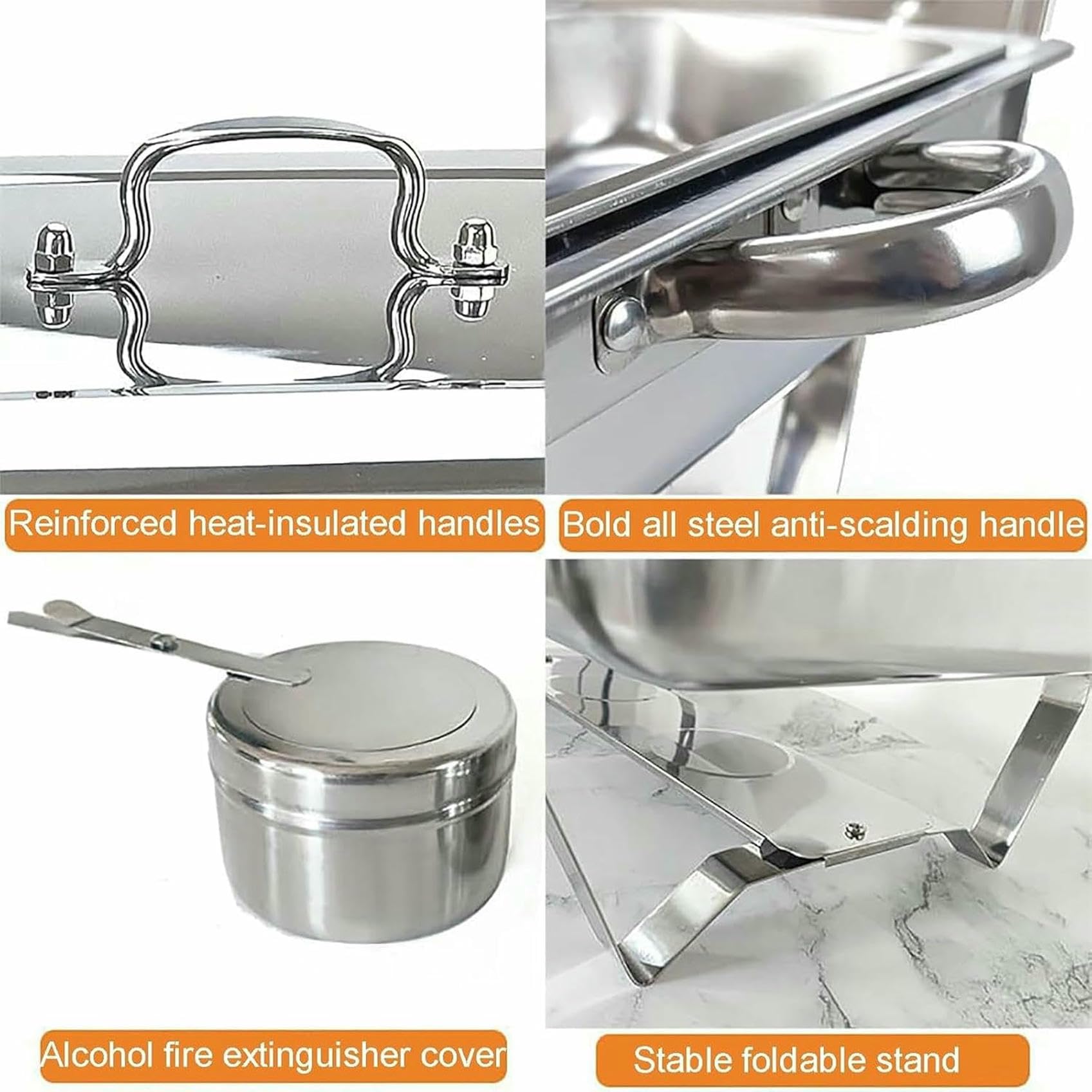 Juego de Buffet Chafing Dish, Calentador de Alimentos portátil, Juego de Buffet Chafing Dish de Acero Inoxidable, para buffets, Bodas, Banquetes y Catering (3 Rejillas, 5 Piezas)