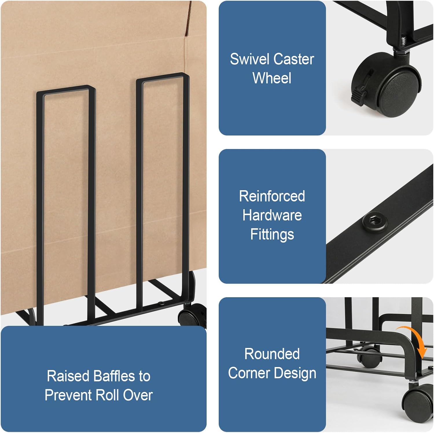 Carton Storage Rack with Caster Wheels, Portable Cardboard Organizer, Carton Stand for Cardboard Storage, Carton Cart for Home Warehouse, Black Carton Organizer