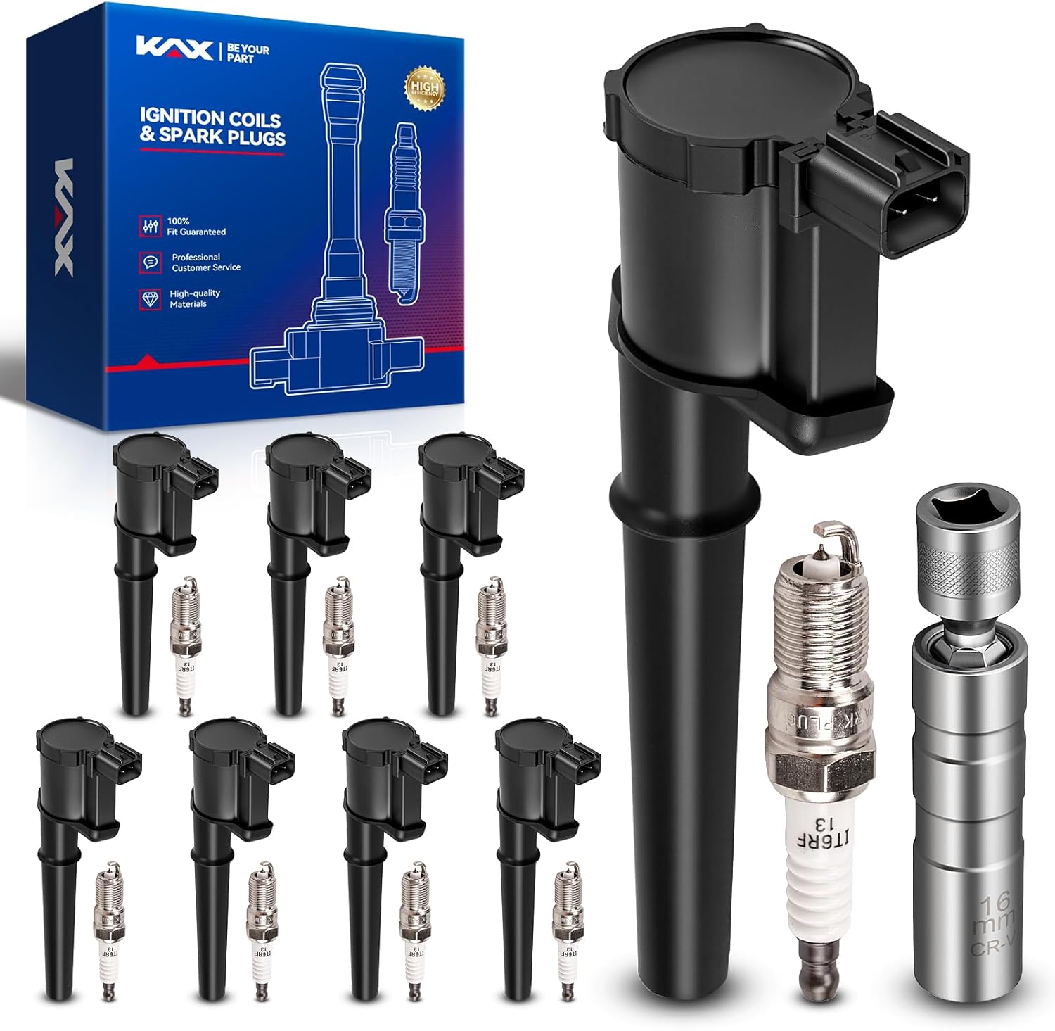 KAX 8-Pack Ignition Coil Pack & Iridium Spark Plugs Kit w/Tool for Ford Mustang 1999-2014, Lincoln Navigator 1999-2004, Aviator 2003-2005, Continental 1998-2002 4.6L 5.4L V8, UF191